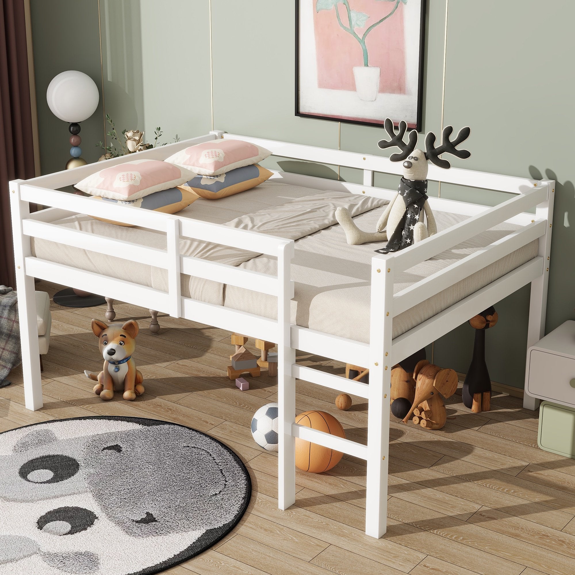 PAPROOS Solid Wood Twin-Size Low Loft Bed with Ladder, White