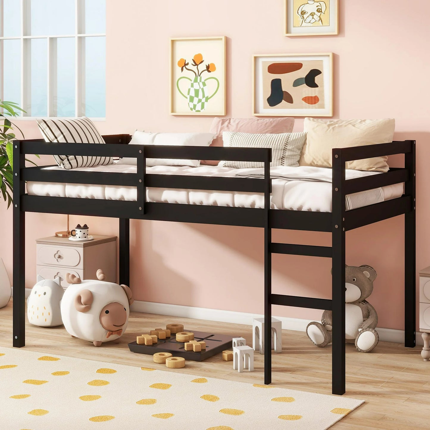 PAPROOS Solid Wood Twin-Size Low Loft Bed with Ladder, White