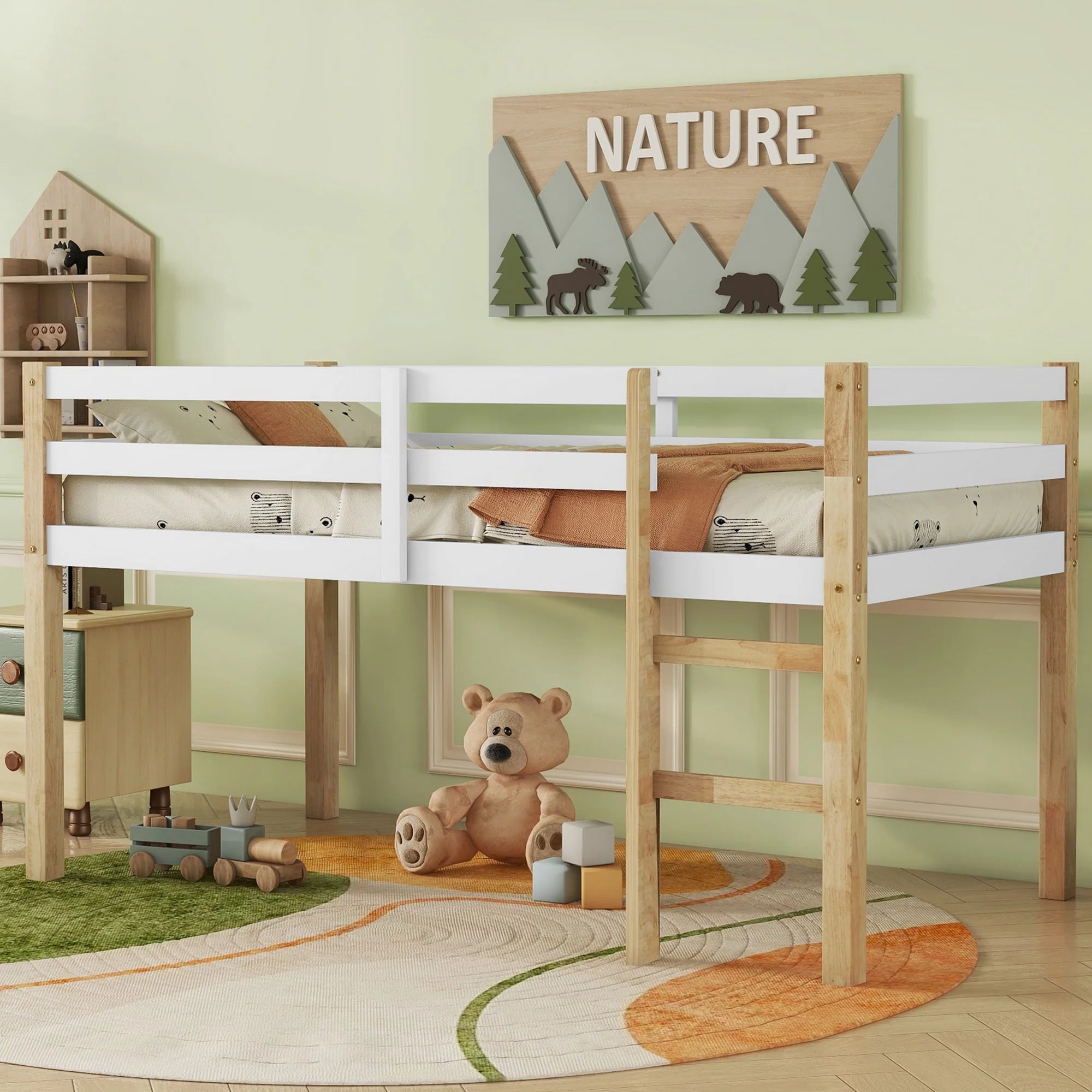 PAPROOS Solid Wood Twin-Size Low Loft Bed with Ladder, White