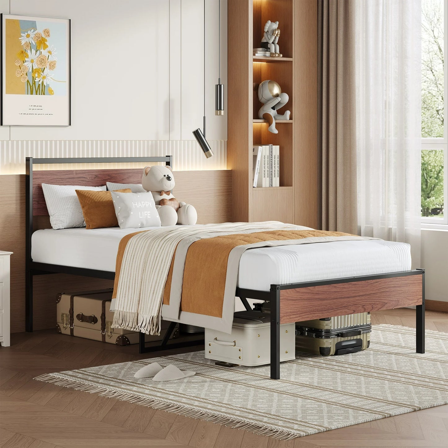 PAPROOS Twin Bed Frame, Metal Twin Platform Bed with wooden Panel Headboard, No Box Spring Needed