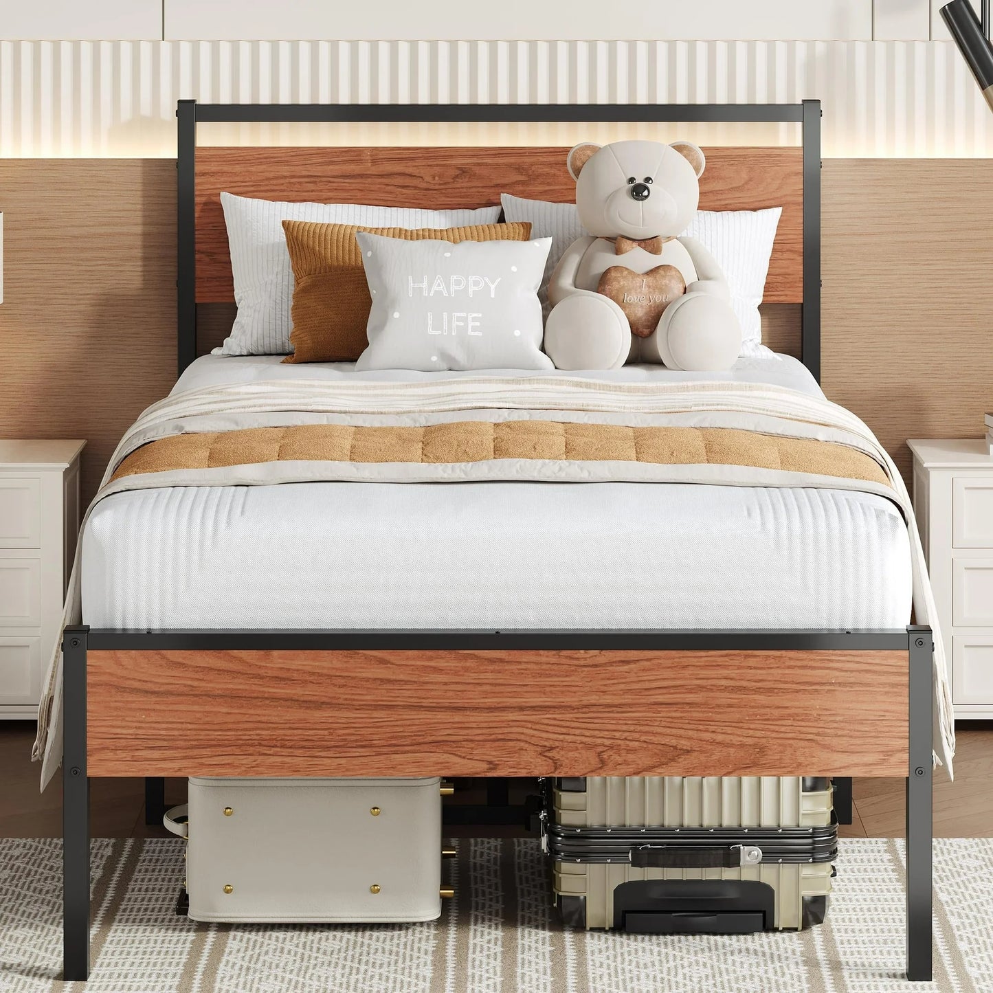 PAPROOS Twin Size Bed Frame with Storage Headboard, Metal Platform Bed with Charging Station, Bookcase Storage, No Box Spring Needed, Easy Assembly, Brown