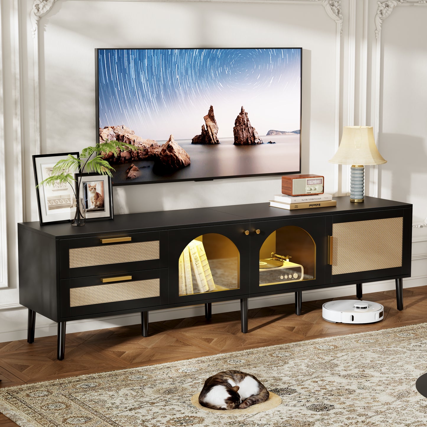 PAPROOS TV Stand for 75 Inch TV, Modern Farmhouse TV Cabinet with LED Light, Living Room Media Console Table with 3 Storage Cabinets and 2 Drawers, Entertainment Center for 70-80 Inches TV, Black
