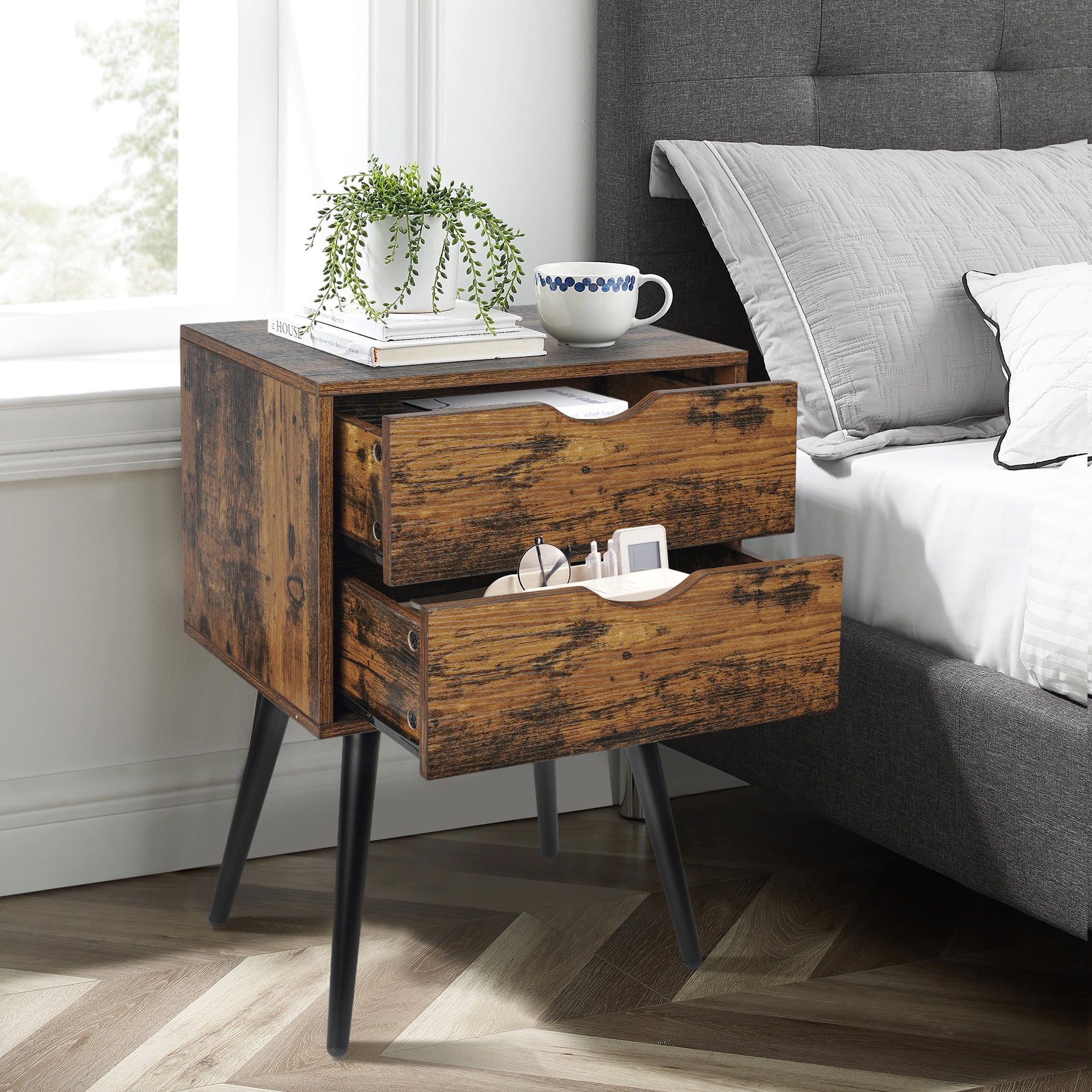 Nightstands Set of 2, Bedroom Bedside Table with 2 Drawers Storage, Country Style Night End Table with Large Storage Space, Suitable for Living Room Bedroom, Rustic Brown