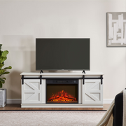 PAPROOS Fireplace TV Stand for TVs up to 65", Farmhouse TV Console with 23" Electric Fireplace, Entertainment Center with Sliding Barn Doors & Storage Cabinets & Adjustable Shelves