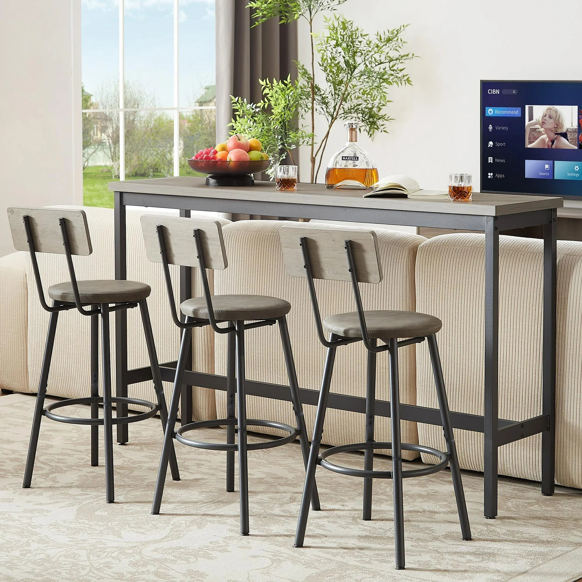 PAPROOS 4-Piece Counter Height Table Set, Long Bar Dining Table with 3 PU Upholstered Bar Chairs, Morden Style Counter Height Kitchen Table Set for Dining, Work or Study, Brown
