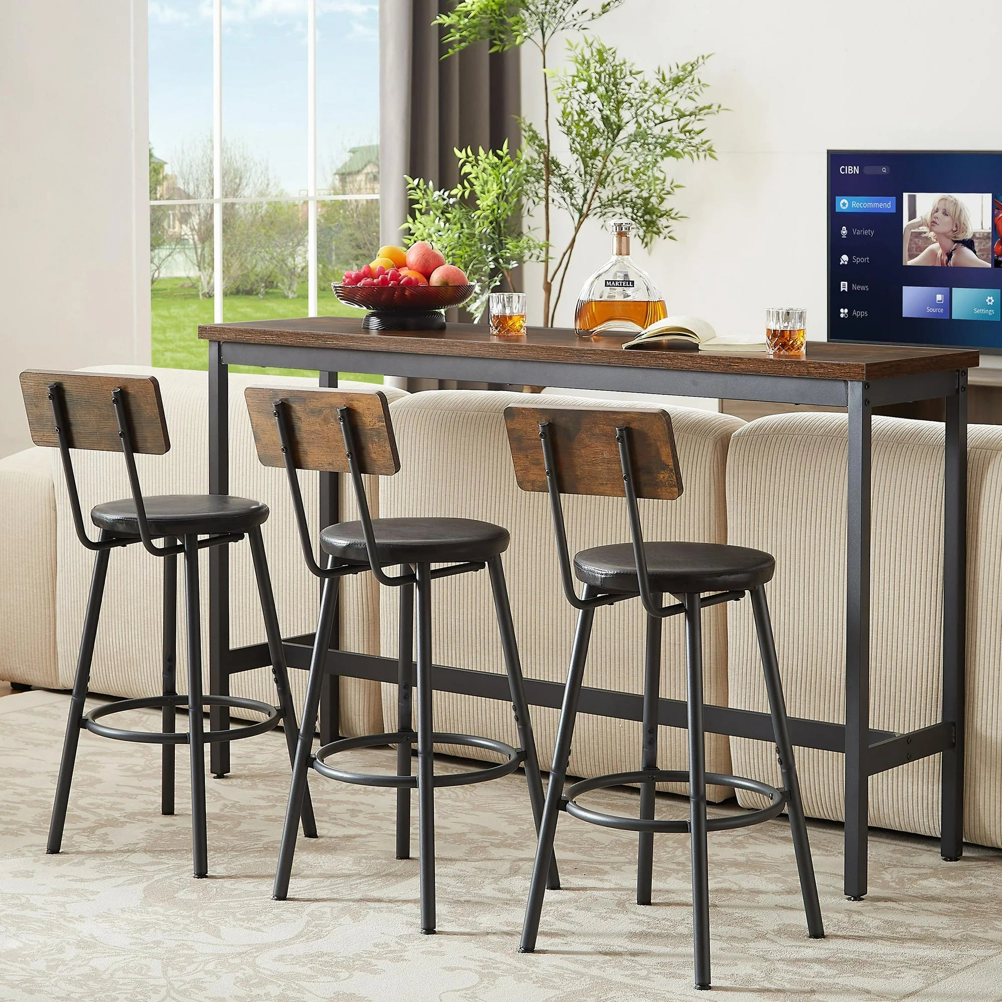 PAPROOS 4-Piece Counter Height Table Set, Long Bar Dining Table with 3 PU Upholstered Bar Chairs, Morden Style Counter Height Kitchen Table Set for Dining, Work or Study, Brown