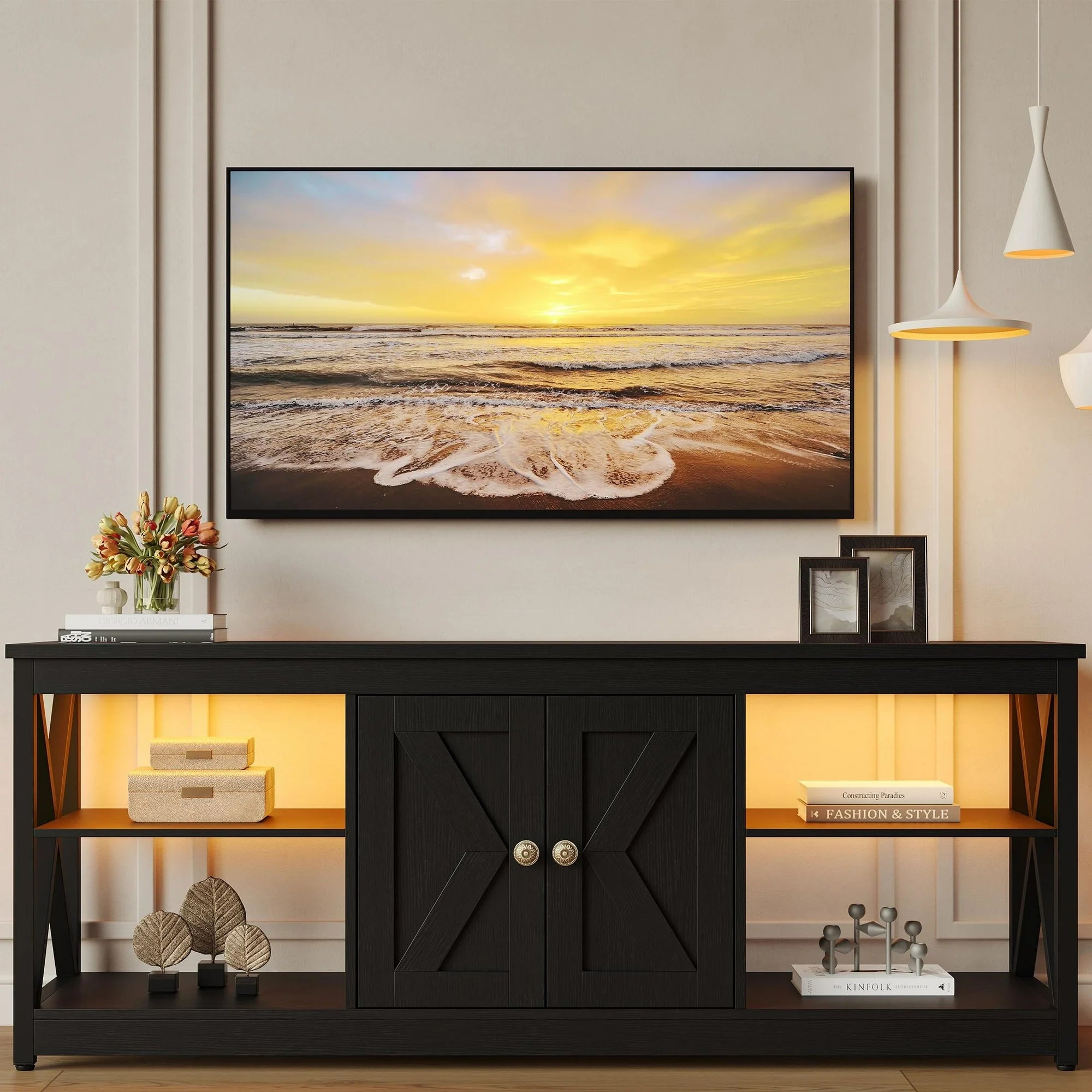 PAPROOS TV Stand for 65 Inch TV, Modern TV Cabinet with LED Light, Mid Century Entertainment Centre, Media Console Table with Storage for Living Room,Brown+White