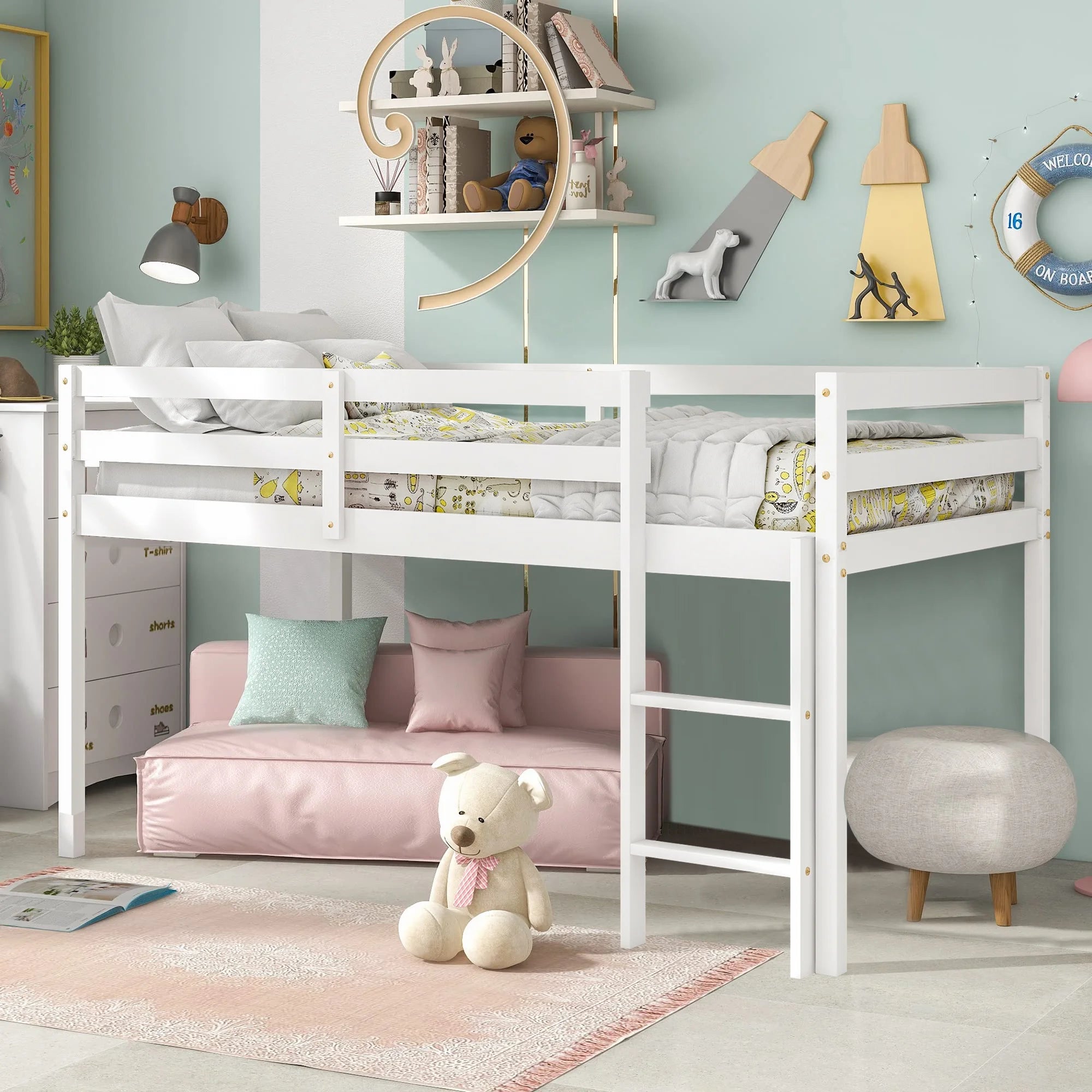 PAPROOS Solid Wood Twin-Size Low Loft Bed with Ladder, White