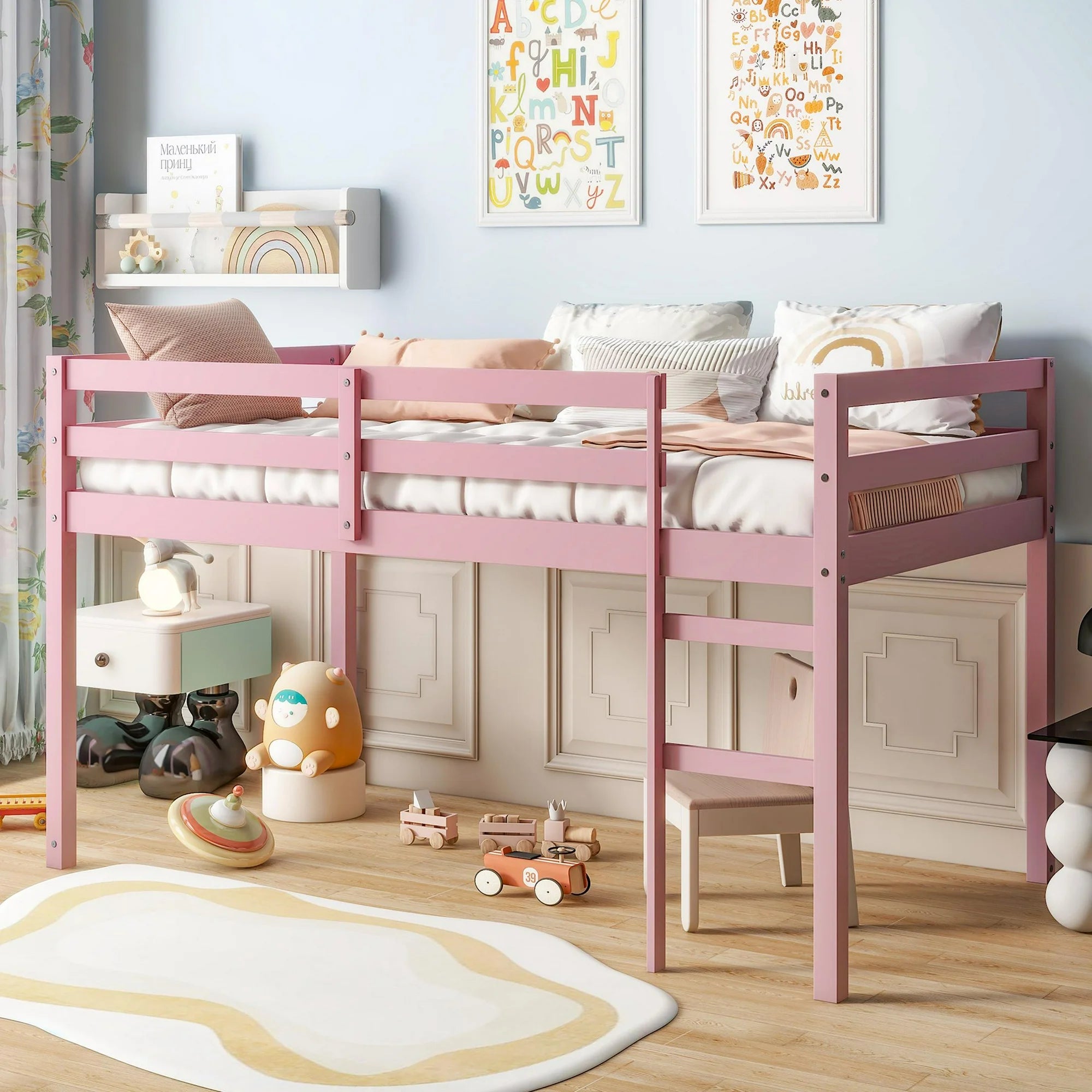 PAPROOS Solid Wood Twin-Size Low Loft Bed with Ladder, White