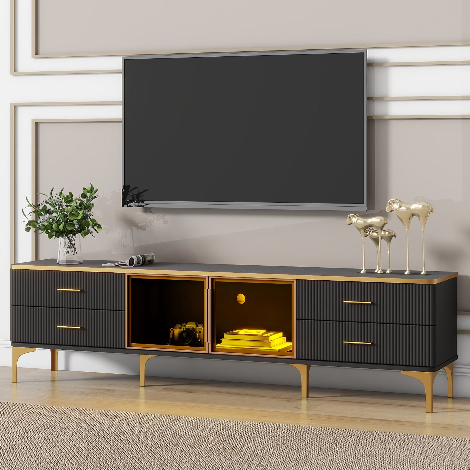 SESSLIFE TV Stand with Glass Doors for 75 Inch TV, TV Cabinet with LED Light, Modern Wood Entertainment Center, White
