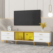 SESSLIFE TV Stand with Glass Doors for 75 Inch TV, TV Cabinet with LED Light, Modern Wood Entertainment Center, White