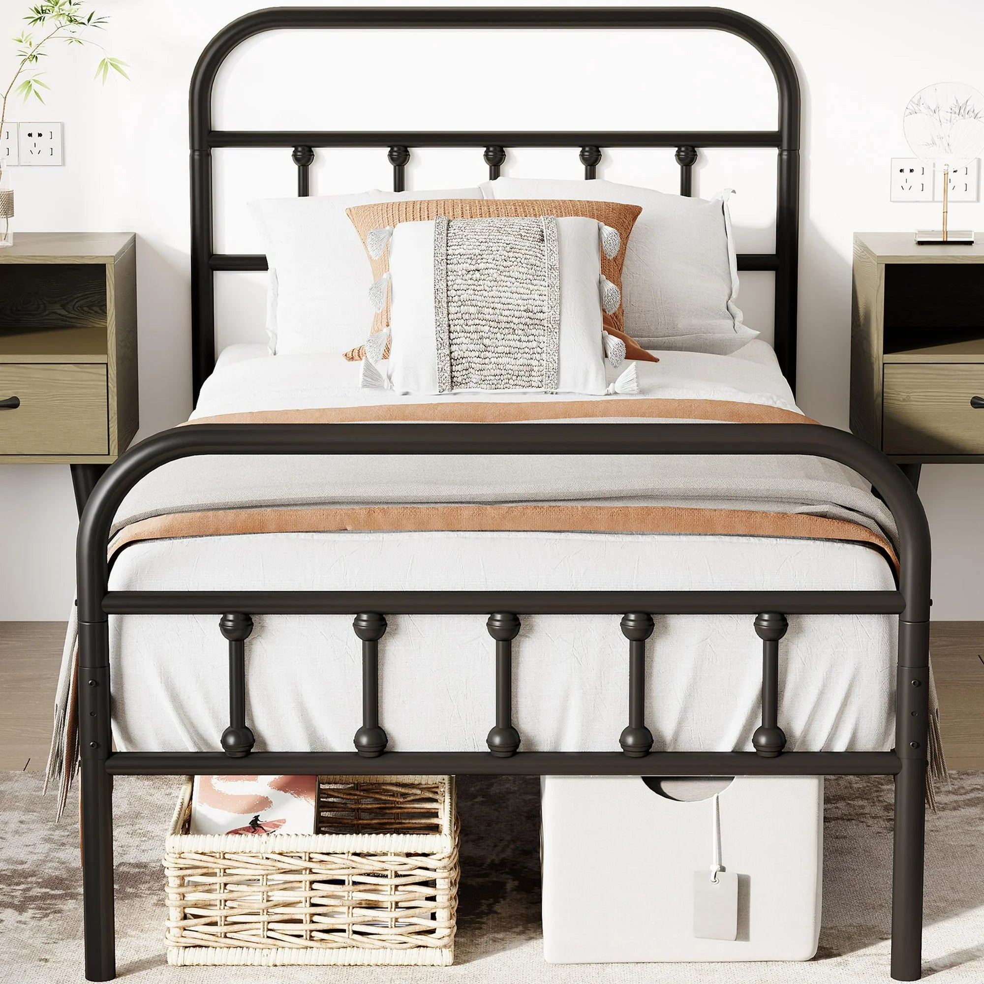 Twin Size Metal Bed Frame with Headboard and Footboard, No Box Spring Needed Platform Bed, Mattress Foundation, Heavy Duty Steel Slat Support, Under-Bed Storage, Vintage Style