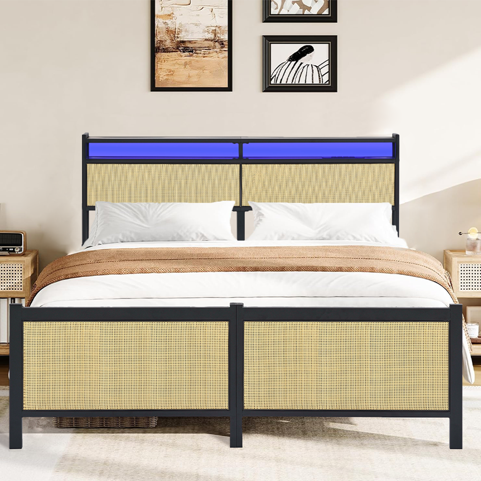 PAPROOS Full Size Bed Frame with Charging Station and LED Light, Metal Platform Bed with Under Bed Storage, No Box Spring Needed, Easy Assembly, Black