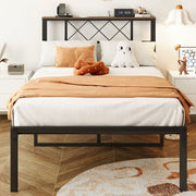 PAPROOS Twin Size Bed Frame with Storage Headboard, Metal Platform Bed with Charging Station, Bookcase Storage, No Box Spring Needed, Easy Assembly, Brown