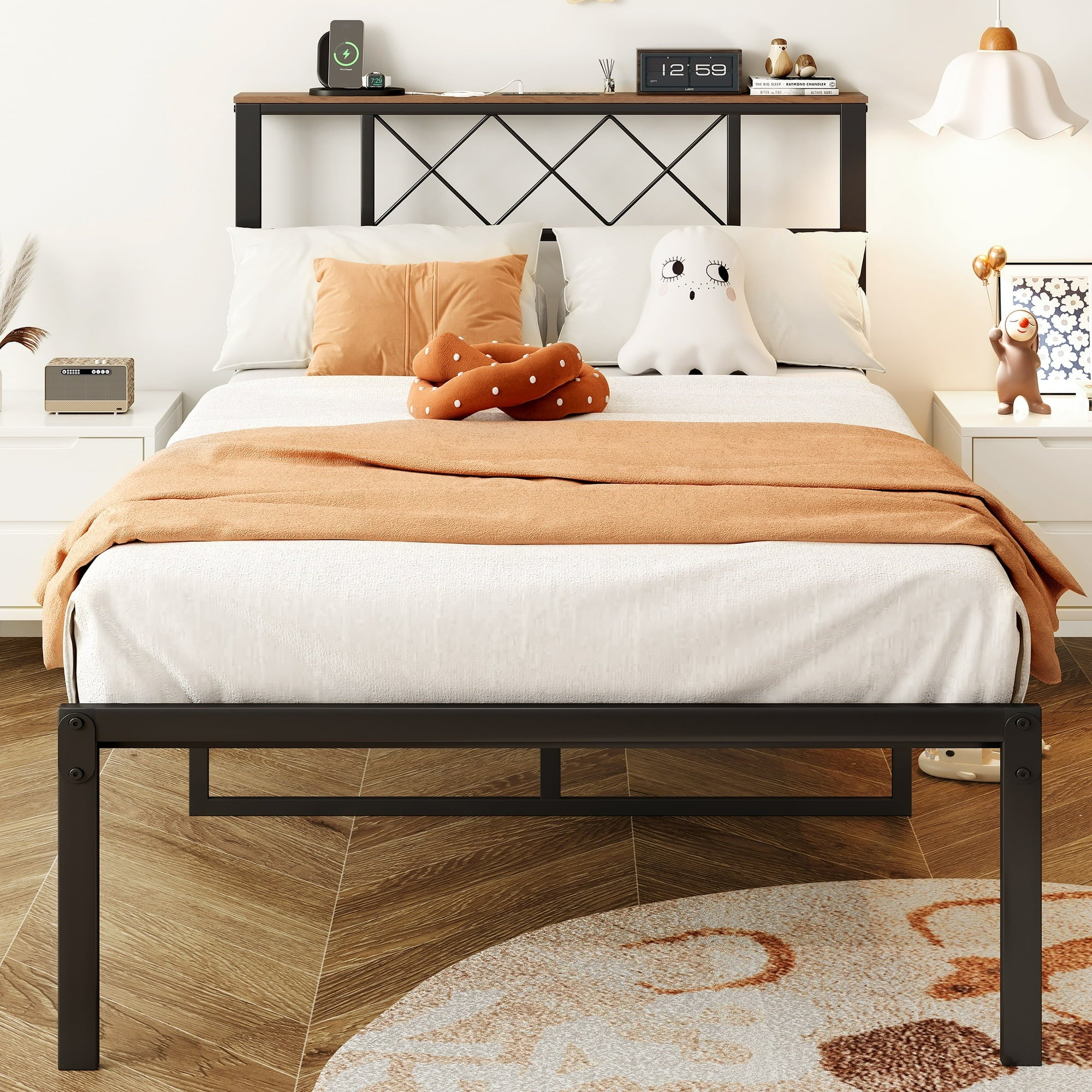 PAPROOS Twin Size Bed Frame with Storage Headboard, Metal Platform Bed with Charging Station, Bookcase Storage, No Box Spring Needed, Easy Assembly, Brown