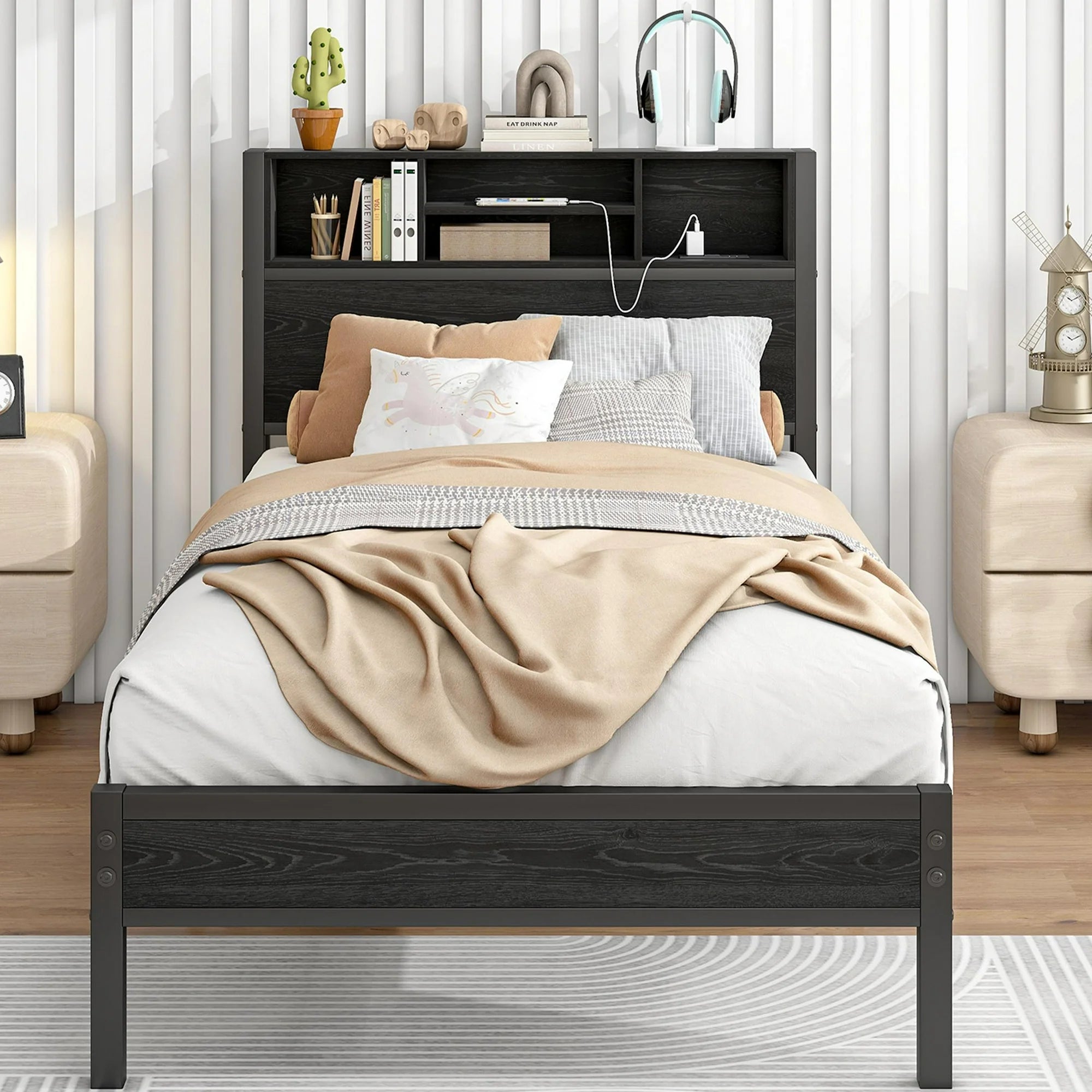 PAPROOS Twin Size Bed Frame with Storage Headboard, Metal Platform Bed with Charging Station, Bookcase Storage, No Box Spring Needed, Easy Assembly, Brown