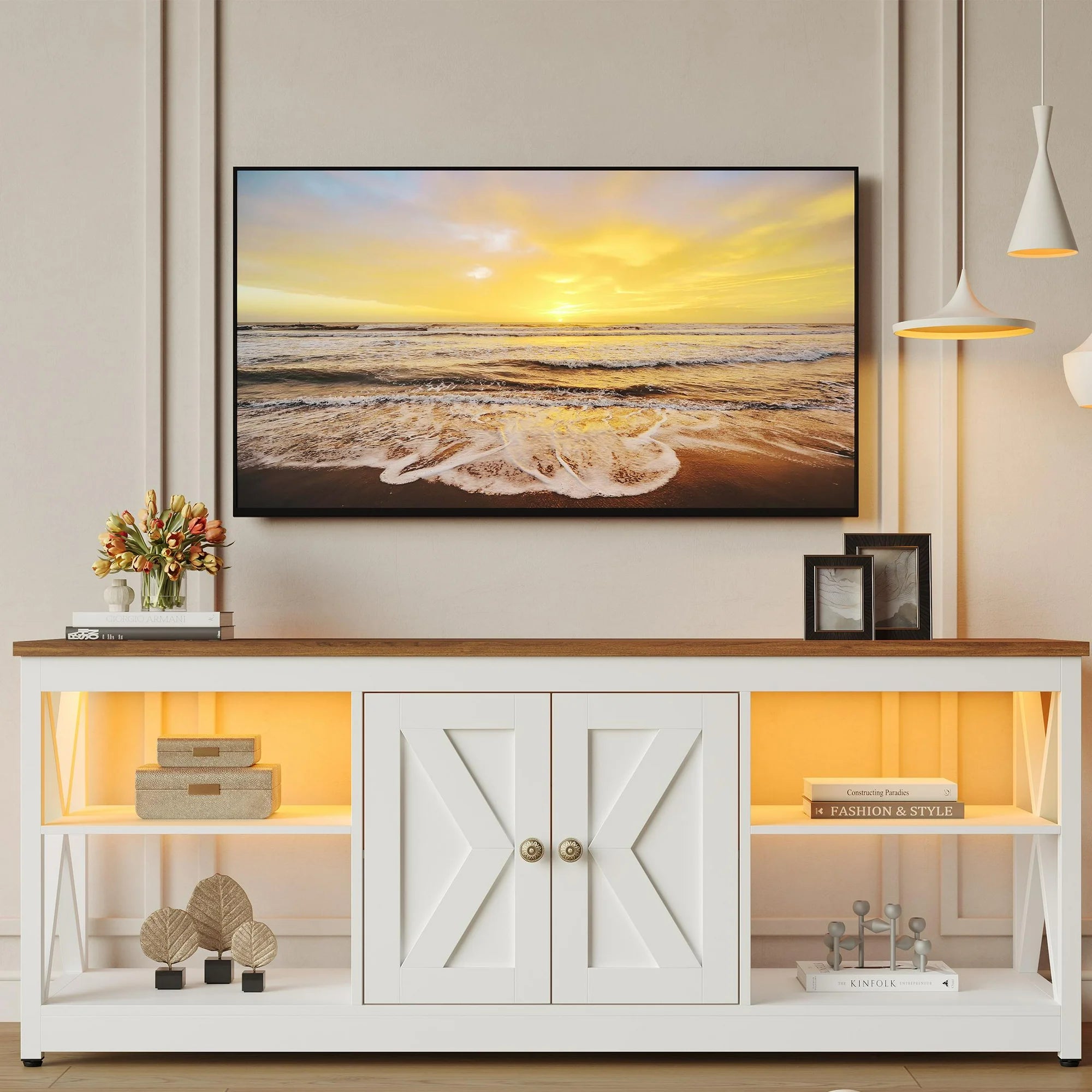 PAPROOS TV Stand for 65 Inch TV, Modern TV Cabinet with LED Light, Mid Century Entertainment Centre, Media Console Table with Storage for Living Room,Brown+White