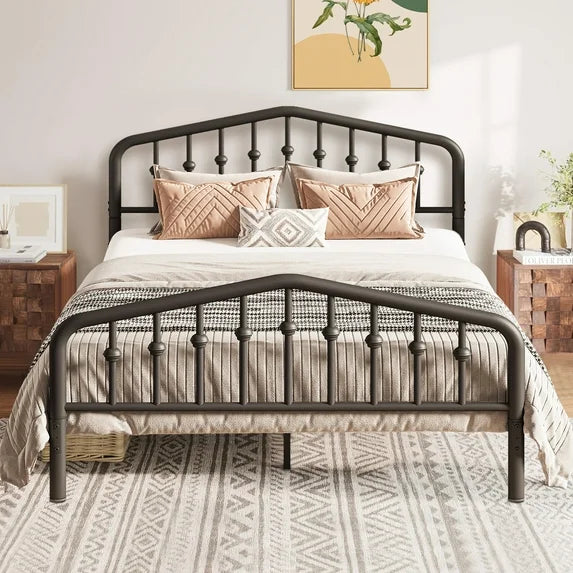 paproos Full Size Platform Steel Bed Frame, Full Size Bed Mattress Foundation Support with Vintage Headboard and Footboard, Black Iron-Art Platform Bed, No Box Spring Need