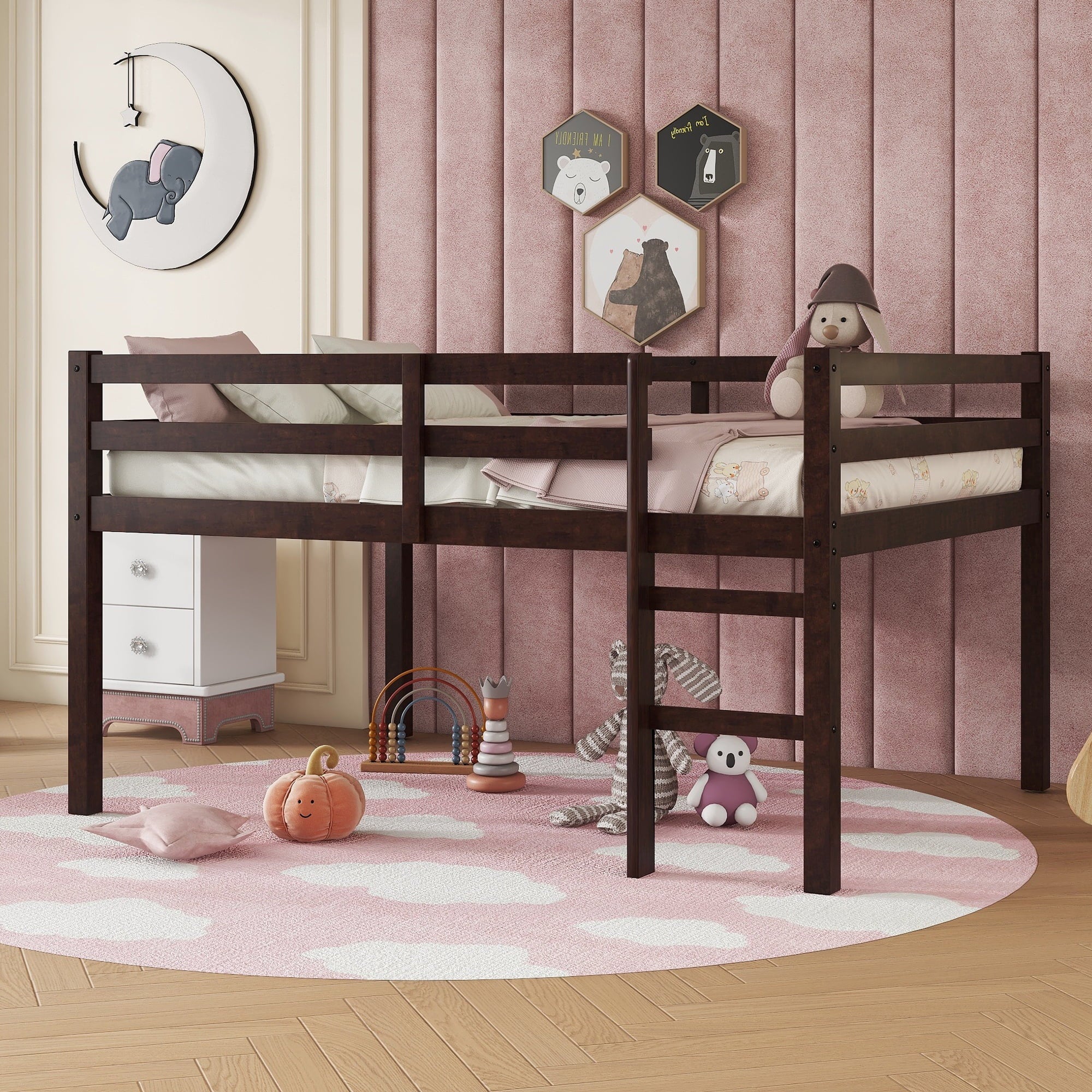 PAPROOS Solid Wood Twin-Size Low Loft Bed with Ladder, White