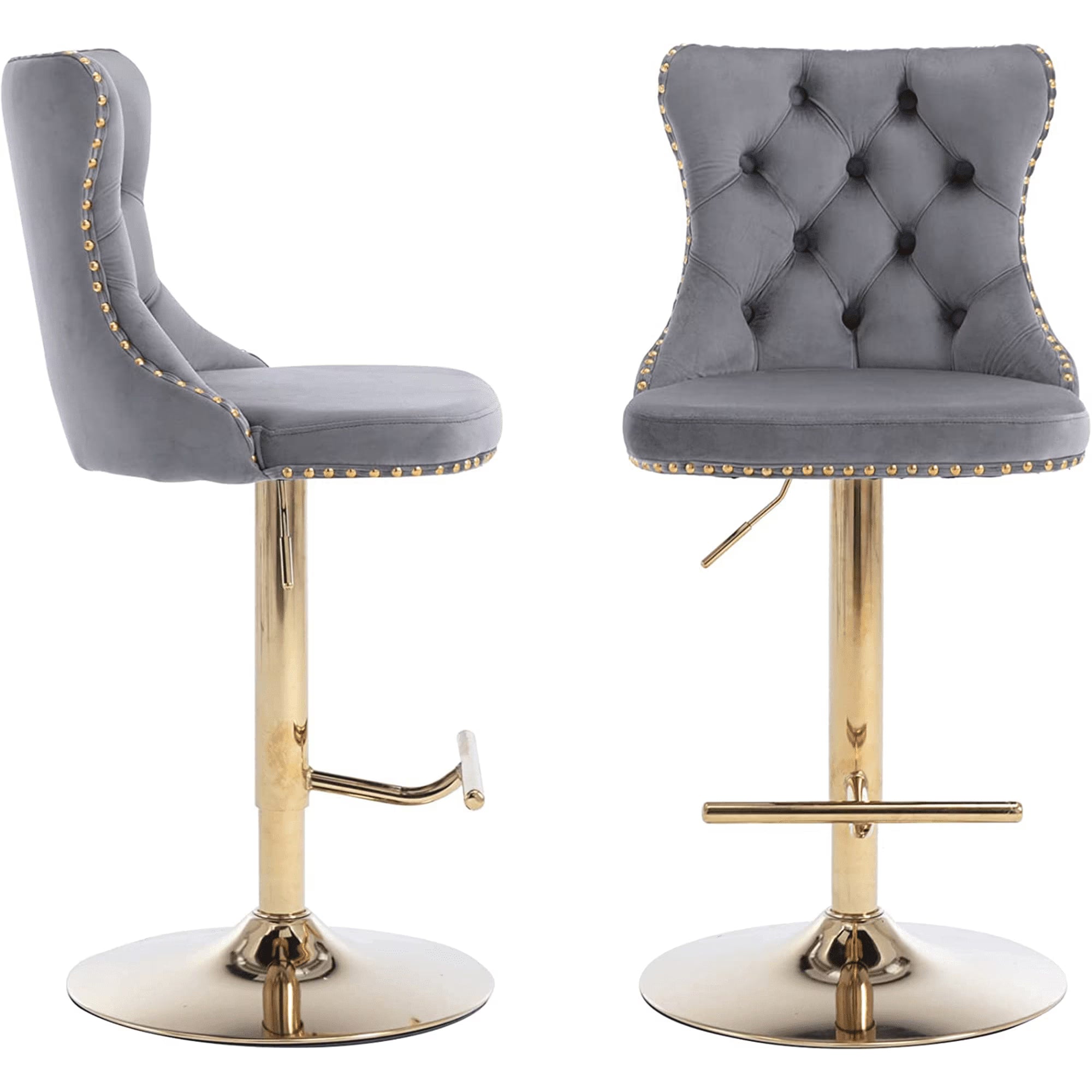 Swivel Bar Stools Set of 2, Paproos Adjustable Height Counter Height Bar Stools with Back, Velvet Dining Chair with Button Tufted & Nail Trim, Kitchen Chair for Kitchen Island Pub