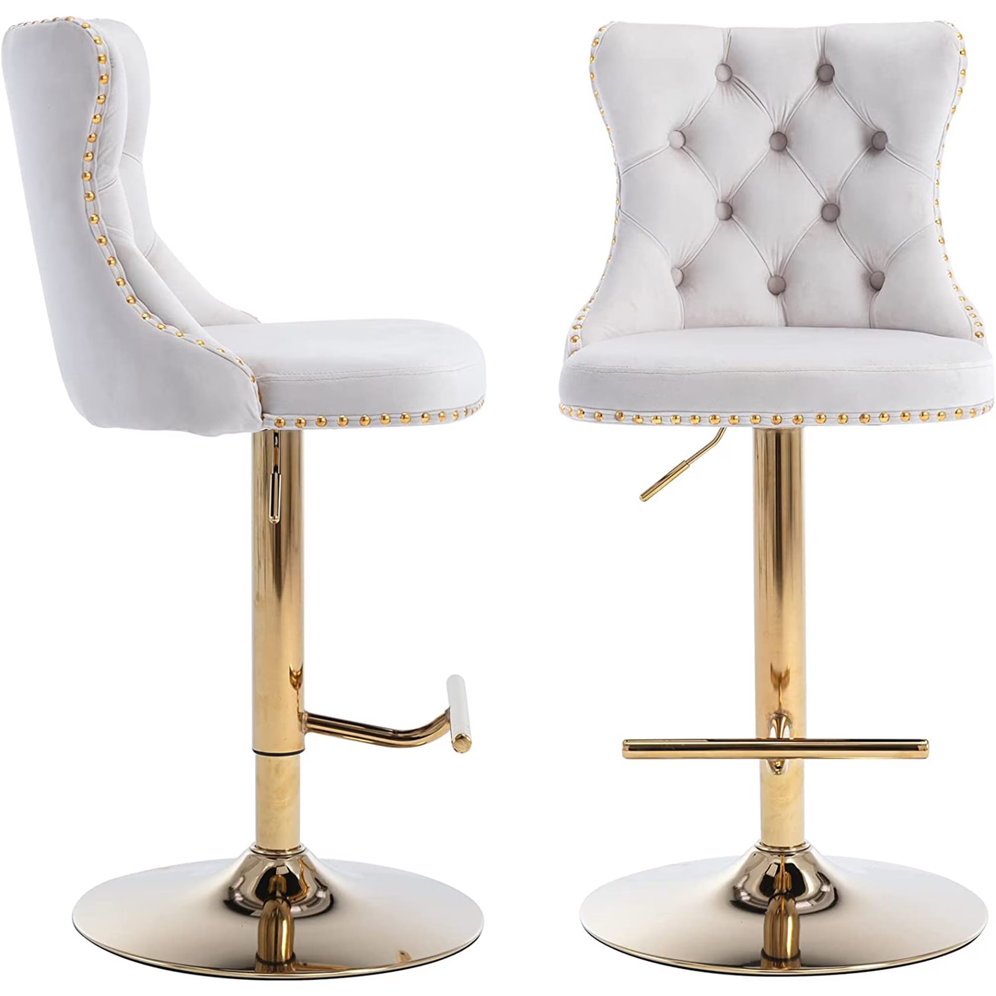 Swivel Bar Stools Set of 2, Paproos Adjustable Height Counter Height Bar Stools with Back, Velvet Dining Chair with Button Tufted & Nail Trim, Kitchen Chair for Kitchen Island Pub