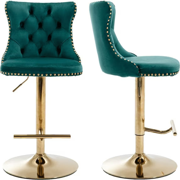 Swivel Bar Stools Set of 2, Paproos Adjustable Height Counter Height Bar Stools with Back, Velvet Dining Chair with Button Tufted & Nail Trim, Kitchen Chair for Kitchen Island Pub