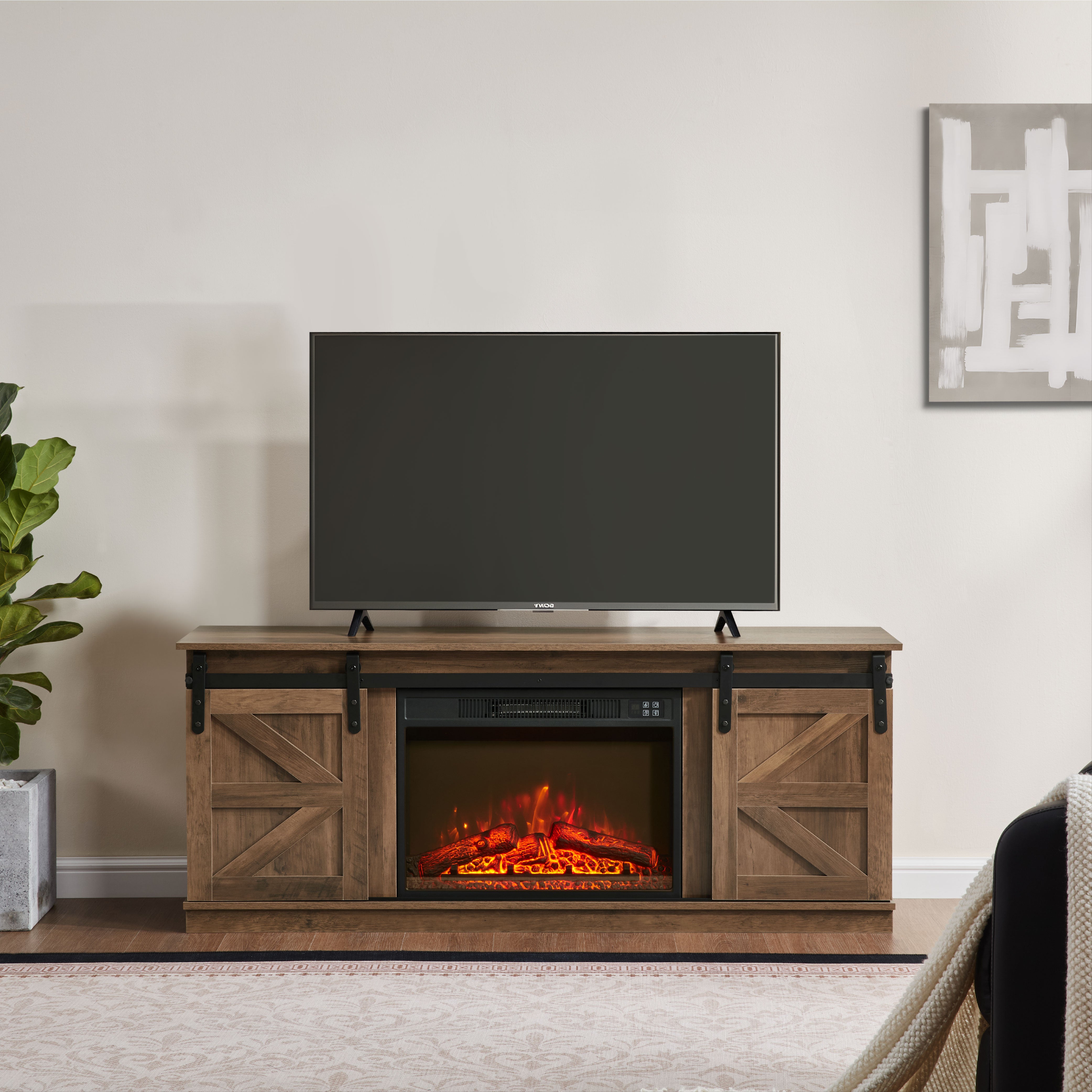 PAPROOS Fireplace TV Stand for TVs up to 65", Farmhouse TV Console with 23" Electric Fireplace, Entertainment Center with Sliding Barn Doors & Storage Cabinets & Adjustable Shelves,
