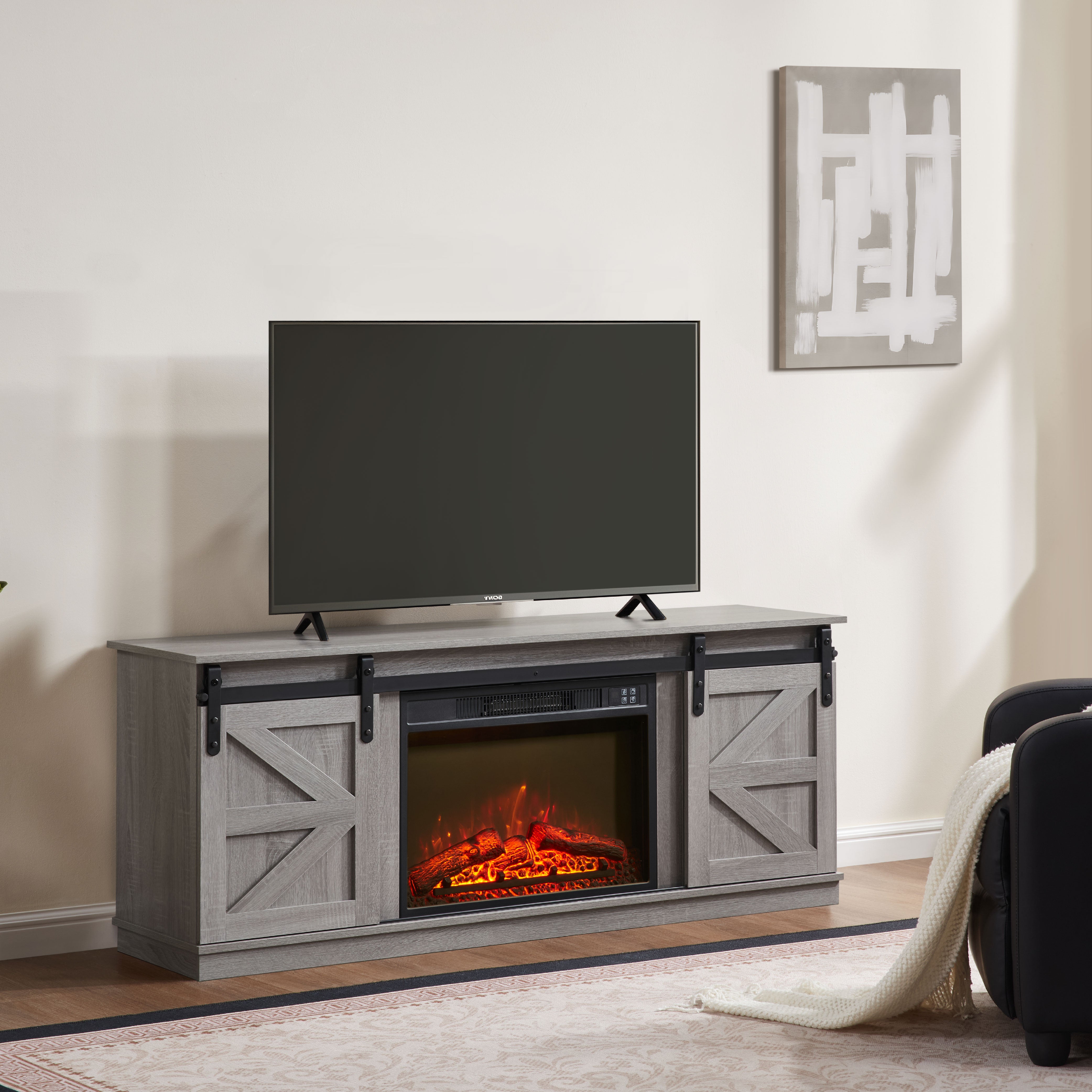 PAPROOS Fireplace TV Stand for TVs up to 65", Farmhouse TV Console with 23" Electric Fireplace, Entertainment Center with Sliding Barn Doors & Storage Cabinets & Adjustable Shelves