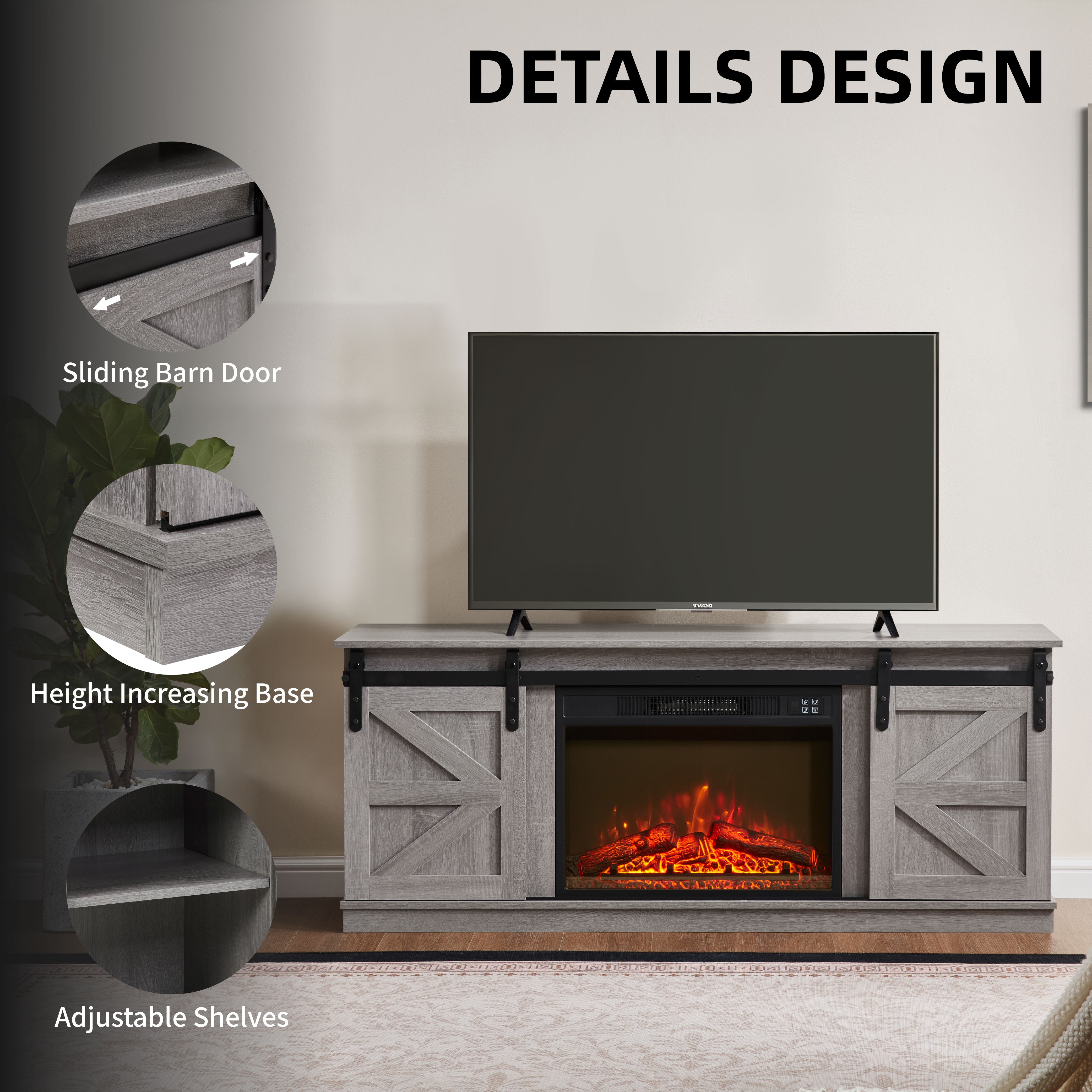 PAPROOS Fireplace TV Stand for TVs up to 65", Farmhouse TV Console with 23" Electric Fireplace, Entertainment Center with Sliding Barn Doors & Storage Cabinets & Adjustable Shelves