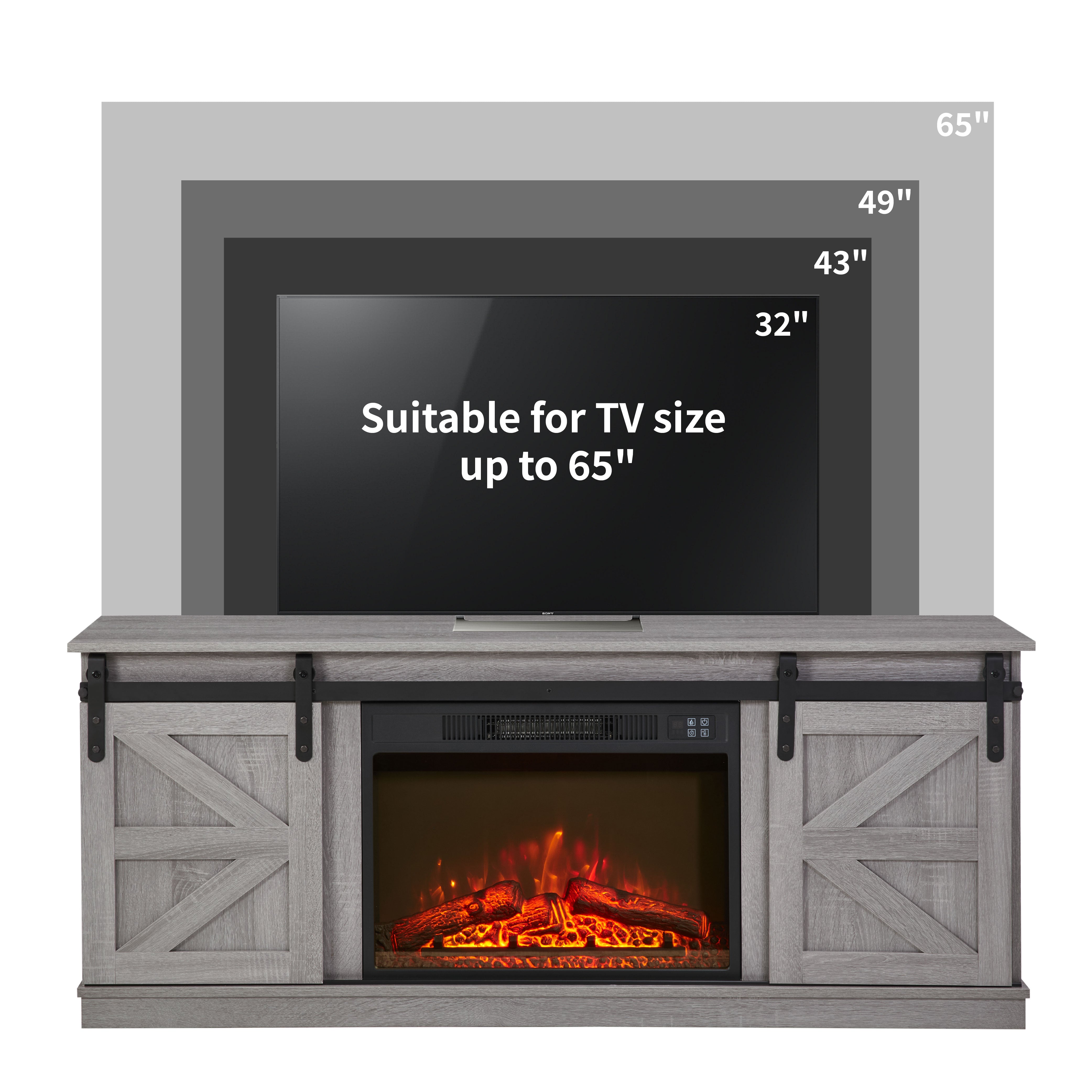 PAPROOS Fireplace TV Stand for TVs up to 65", Farmhouse TV Console with 23" Electric Fireplace, Entertainment Center with Sliding Barn Doors & Storage Cabinets & Adjustable Shelves