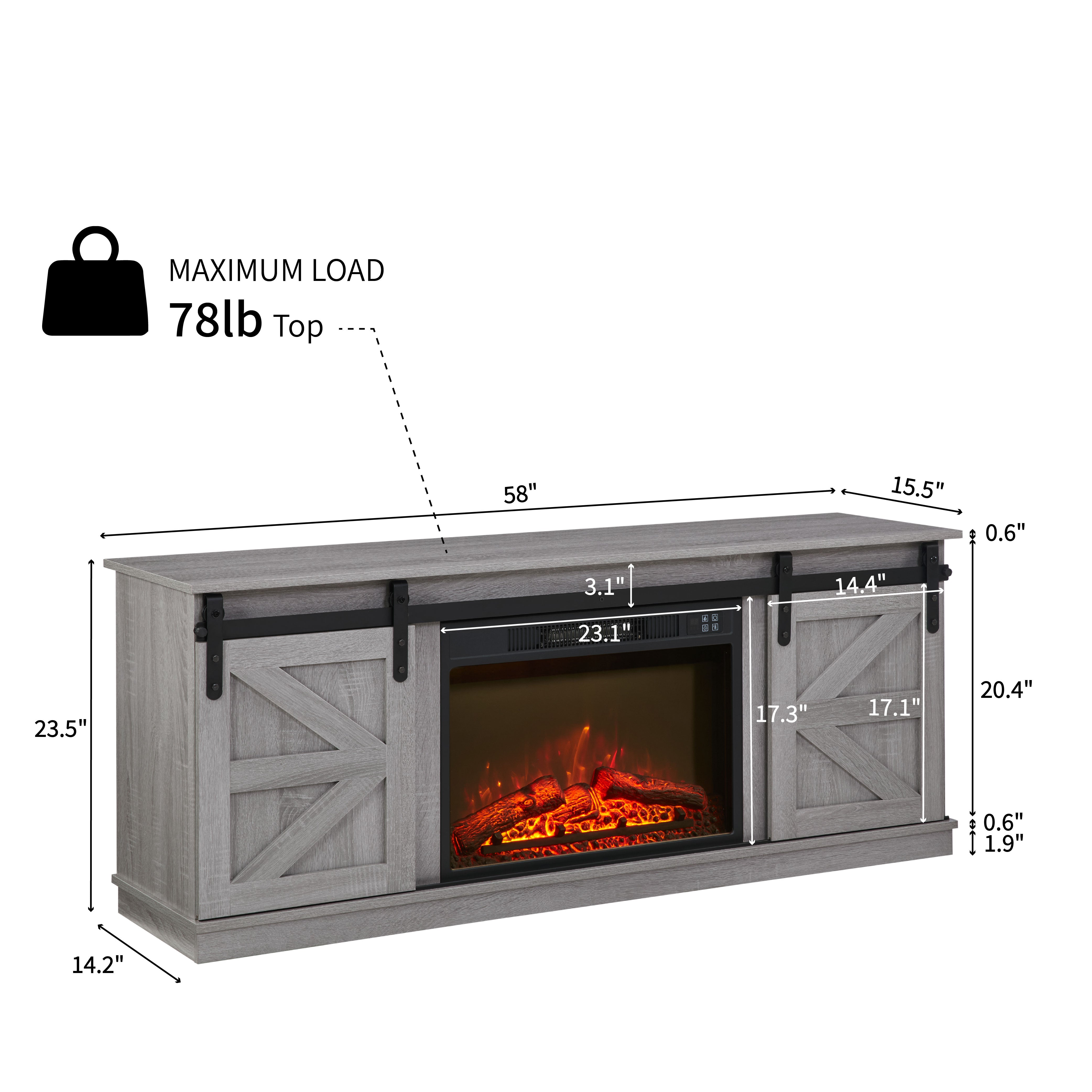 PAPROOS Fireplace TV Stand for TVs up to 65", Farmhouse TV Console with 23" Electric Fireplace, Entertainment Center with Sliding Barn Doors & Storage Cabinets & Adjustable Shelves