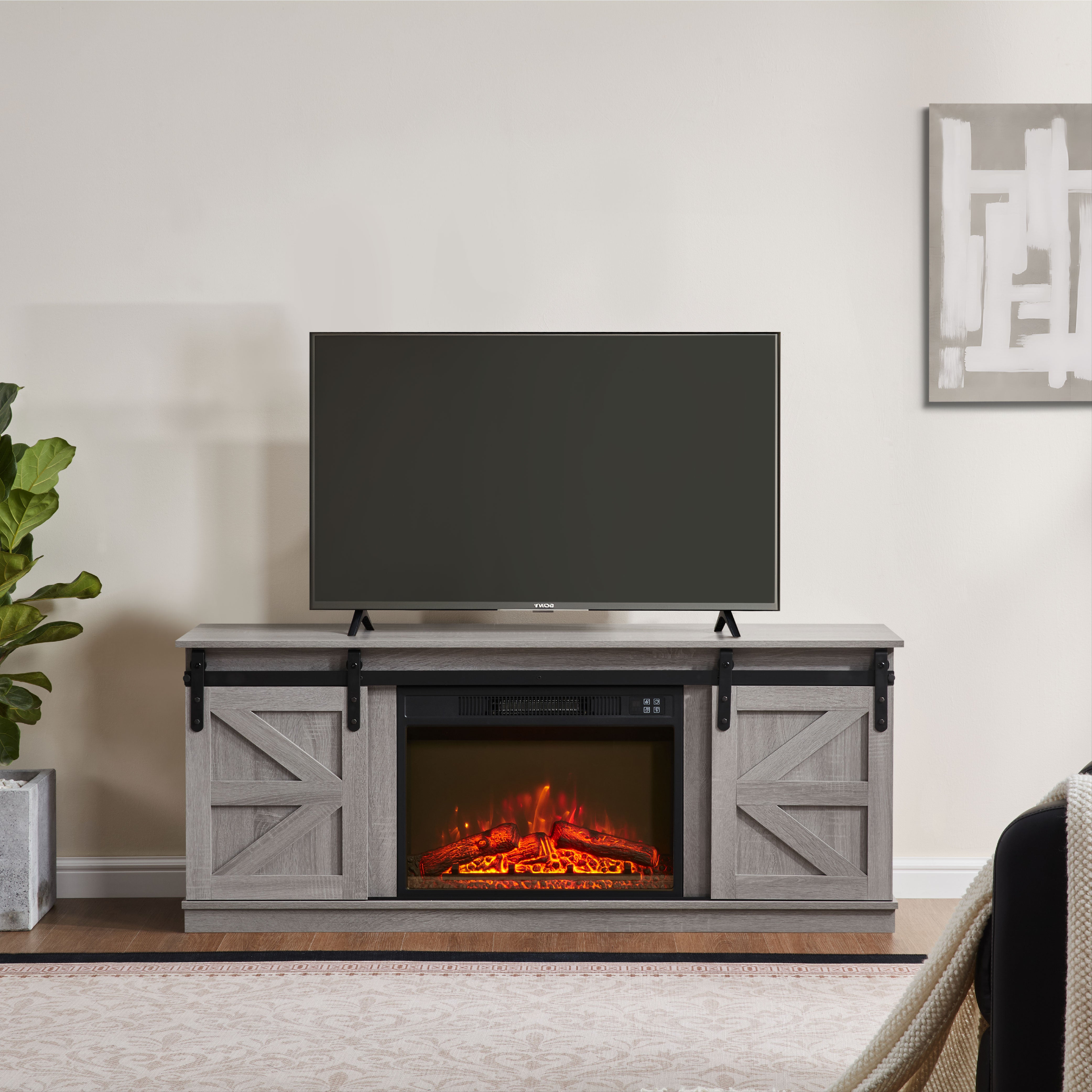 PAPROOS Fireplace TV Stand for TVs up to 65", Farmhouse TV Console with 23" Electric Fireplace, Entertainment Center with Sliding Barn Doors & Storage Cabinets & Adjustable Shelves,