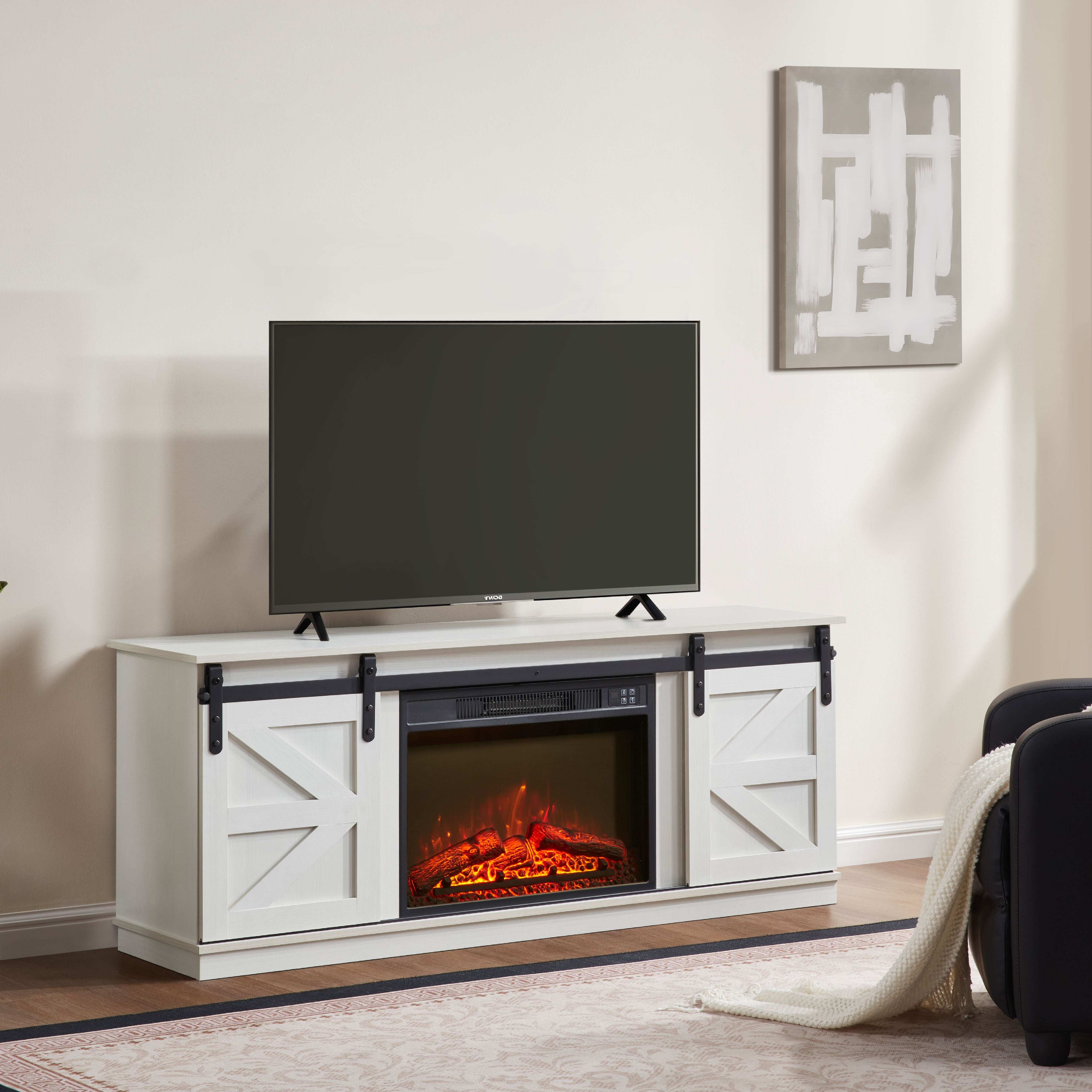 PAPROOS Fireplace TV Stand for TVs up to 65", Farmhouse TV Console with 23" Electric Fireplace, Entertainment Center with Sliding Barn Doors & Storage Cabinets & Adjustable Shelves,