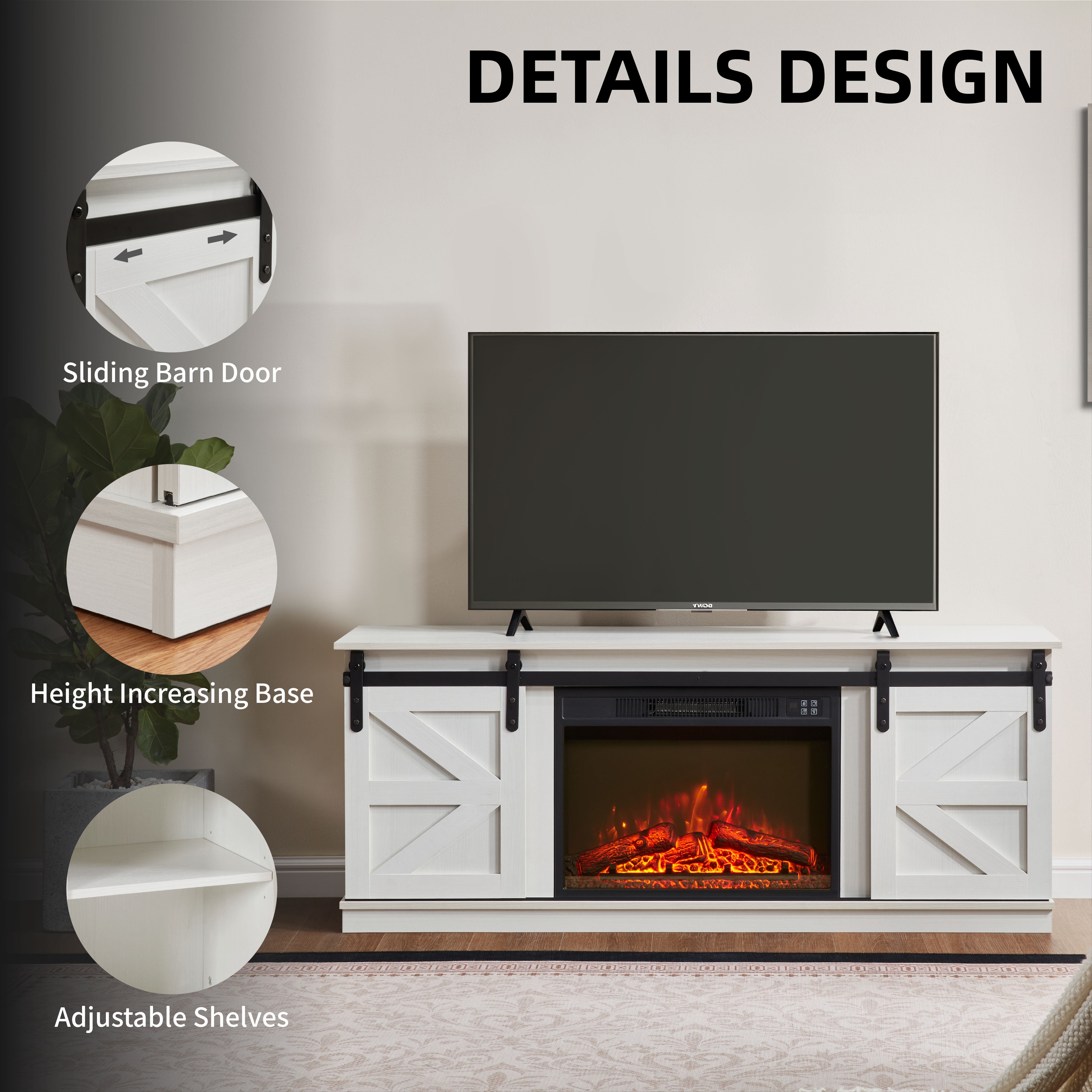 PAPROOS Fireplace TV Stand for TVs up to 65", Farmhouse TV Console with 23" Electric Fireplace, Entertainment Center with Sliding Barn Doors & Storage Cabinets & Adjustable Shelves,