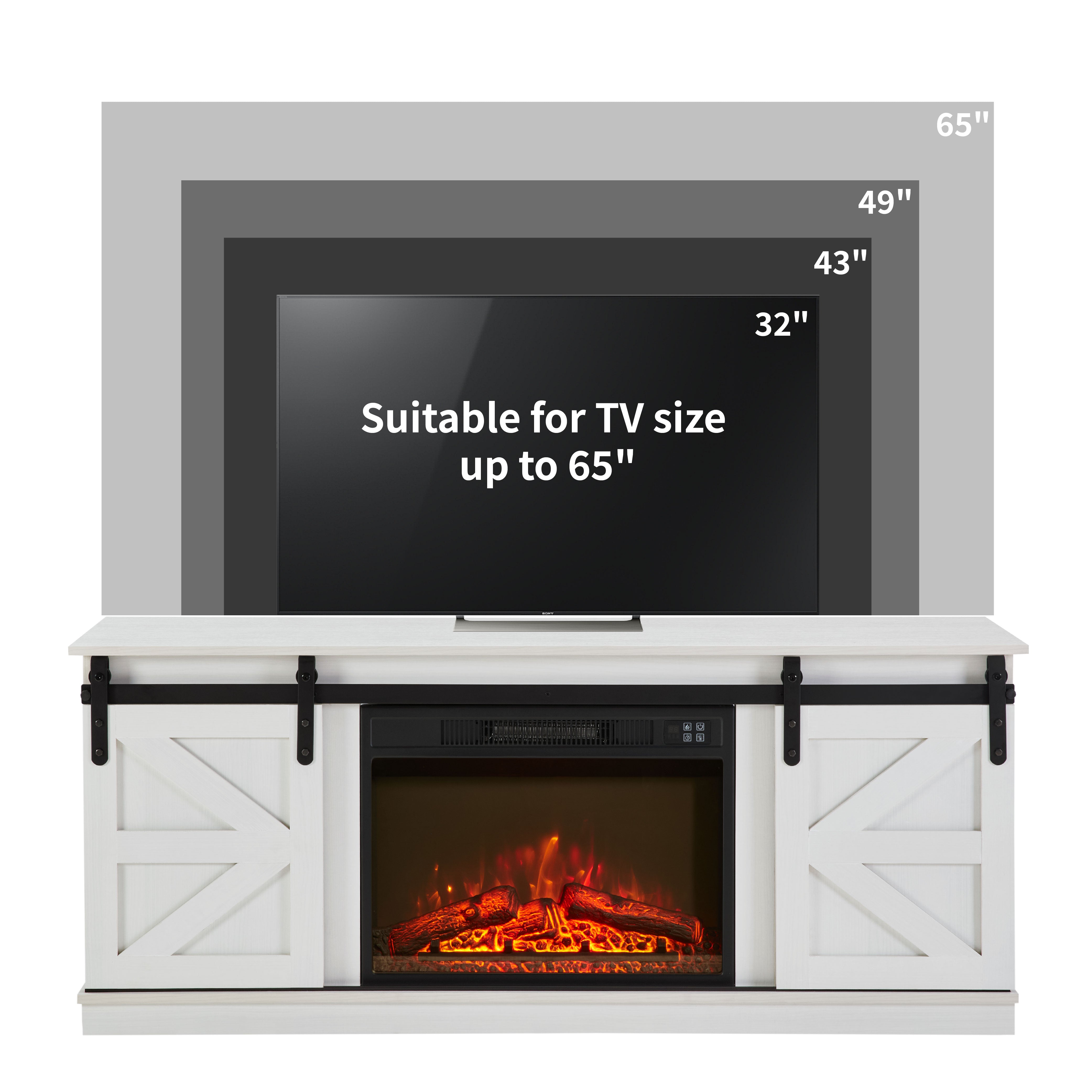 PAPROOS Fireplace TV Stand for TVs up to 65", Farmhouse TV Console with 23" Electric Fireplace, Entertainment Center with Sliding Barn Doors & Storage Cabinets & Adjustable Shelves,