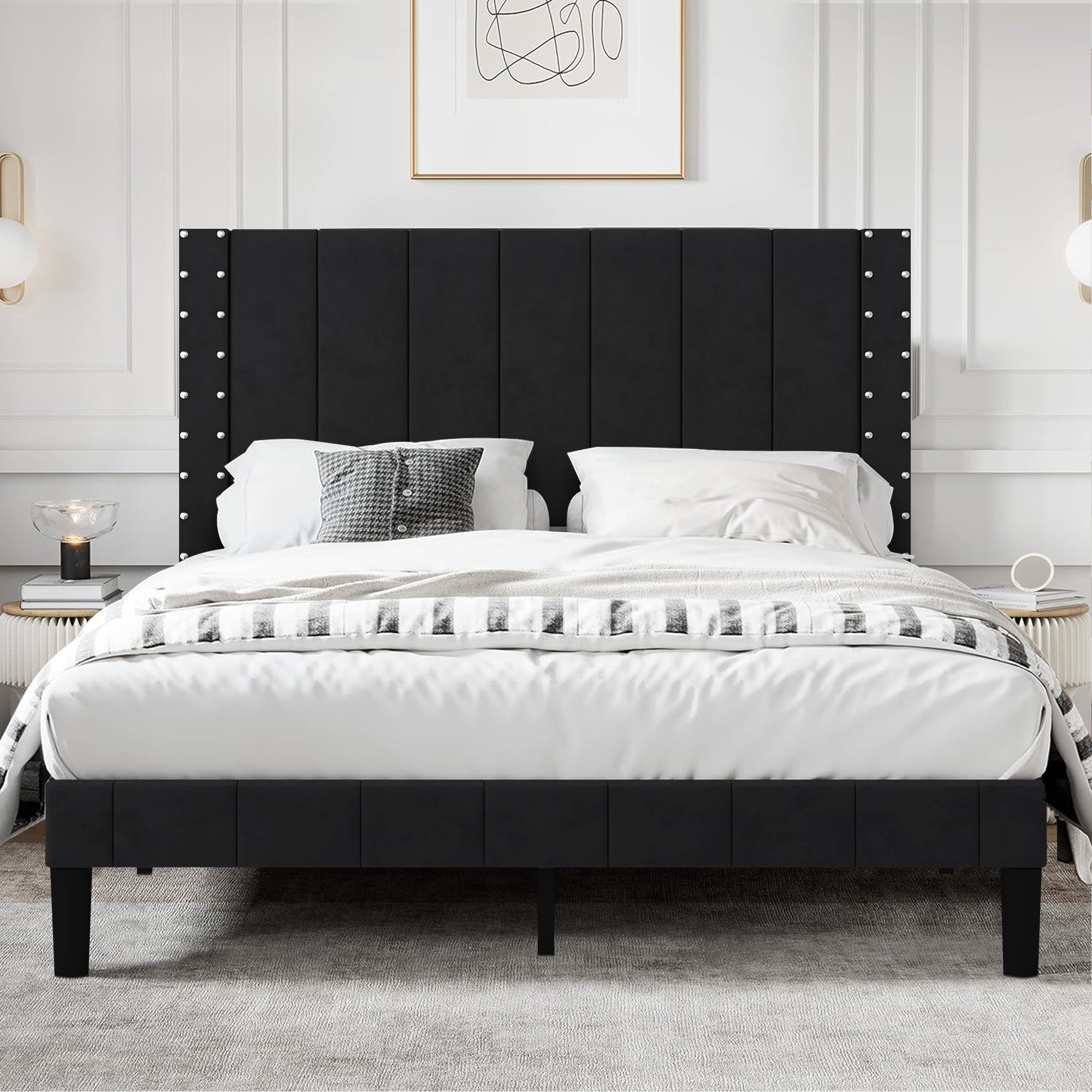 PAPROOS Full Platform Bed Frame, Upholstered Bed Frame Full Size with Vertical Channel and Rivet Decor Headboard, No Box Spring Needed, Easy Assembly, Dark Gray