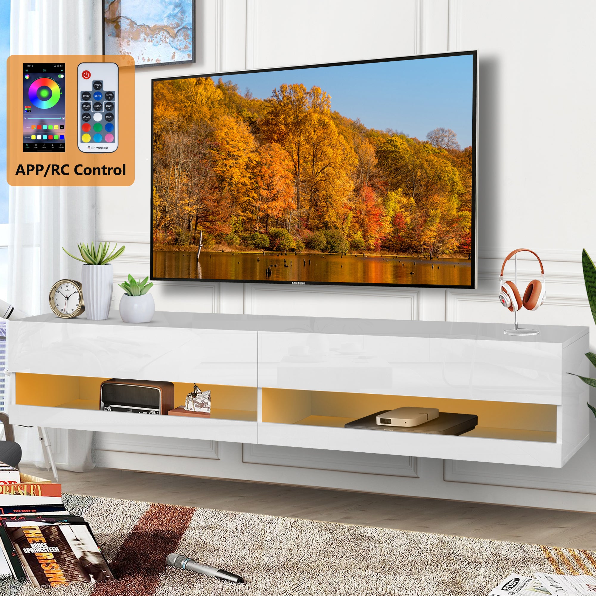 TV Stand for 80 inch TVs, Paproos 71in Long LED Floating TV Stand, High Gloss Floating Entertainment Center with APP/Remote Control, Media Console Cabinet Living Room, Black
