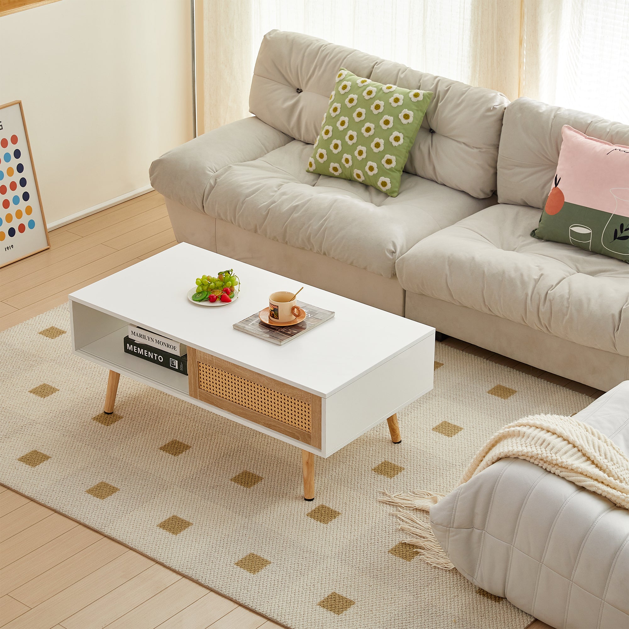 PAPROOS Rattan Coffee Table with Sliding Storage Door
