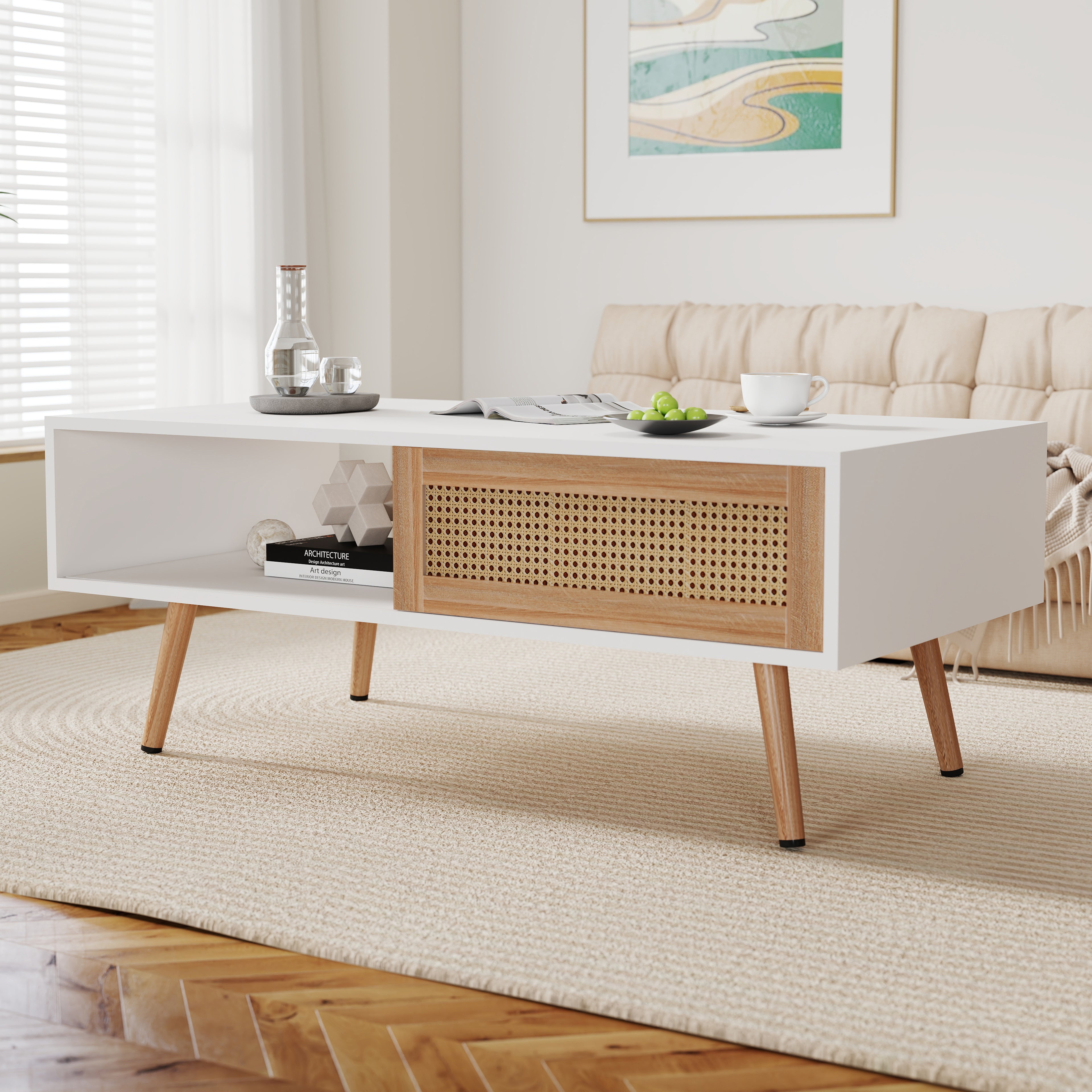 PAPROOS Rattan Coffee Table with Sliding Storage Door
