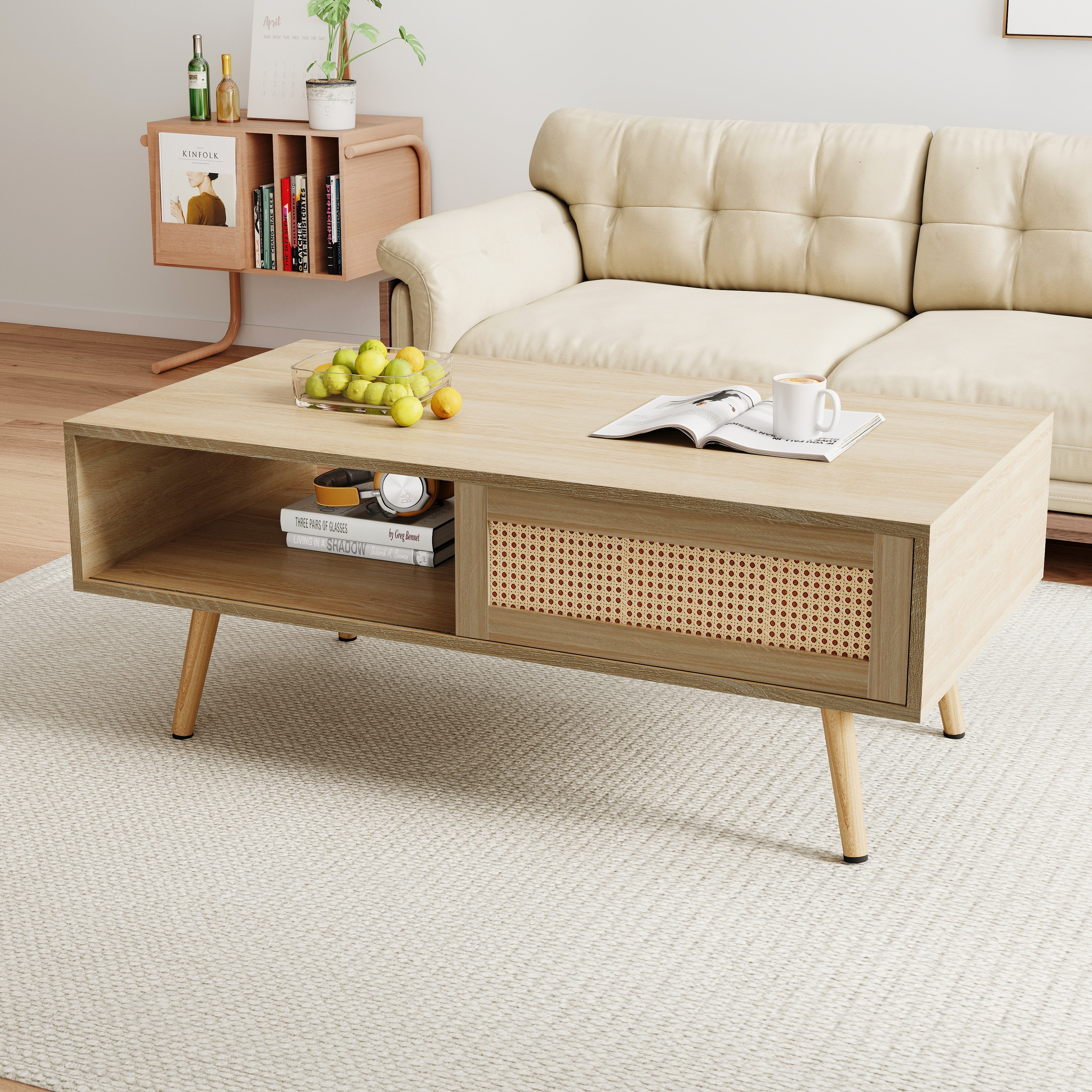 PAPROOS Rattan Coffee Table with Sliding Storage Door