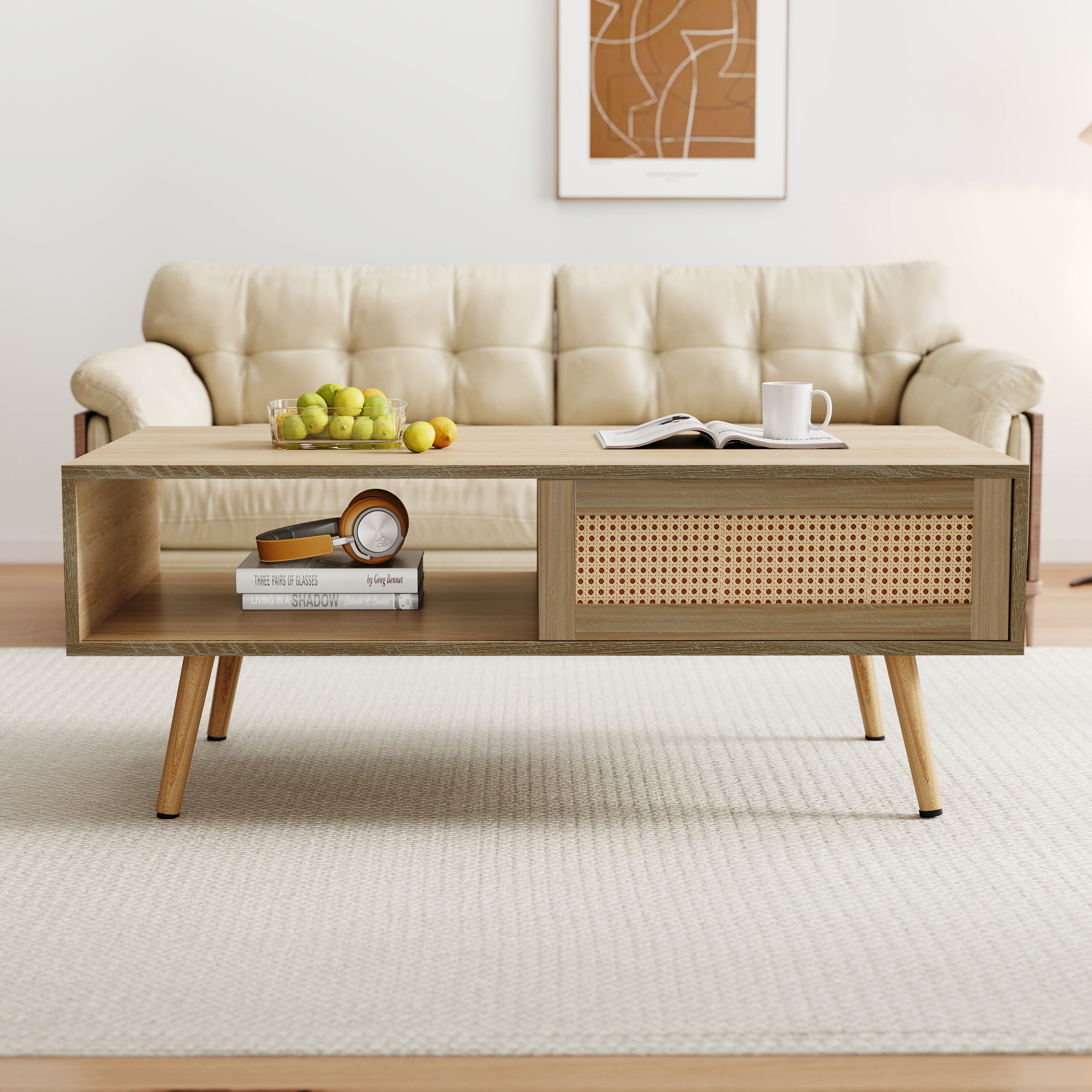 PAPROOS Rattan Coffee Table with Sliding Storage Door
