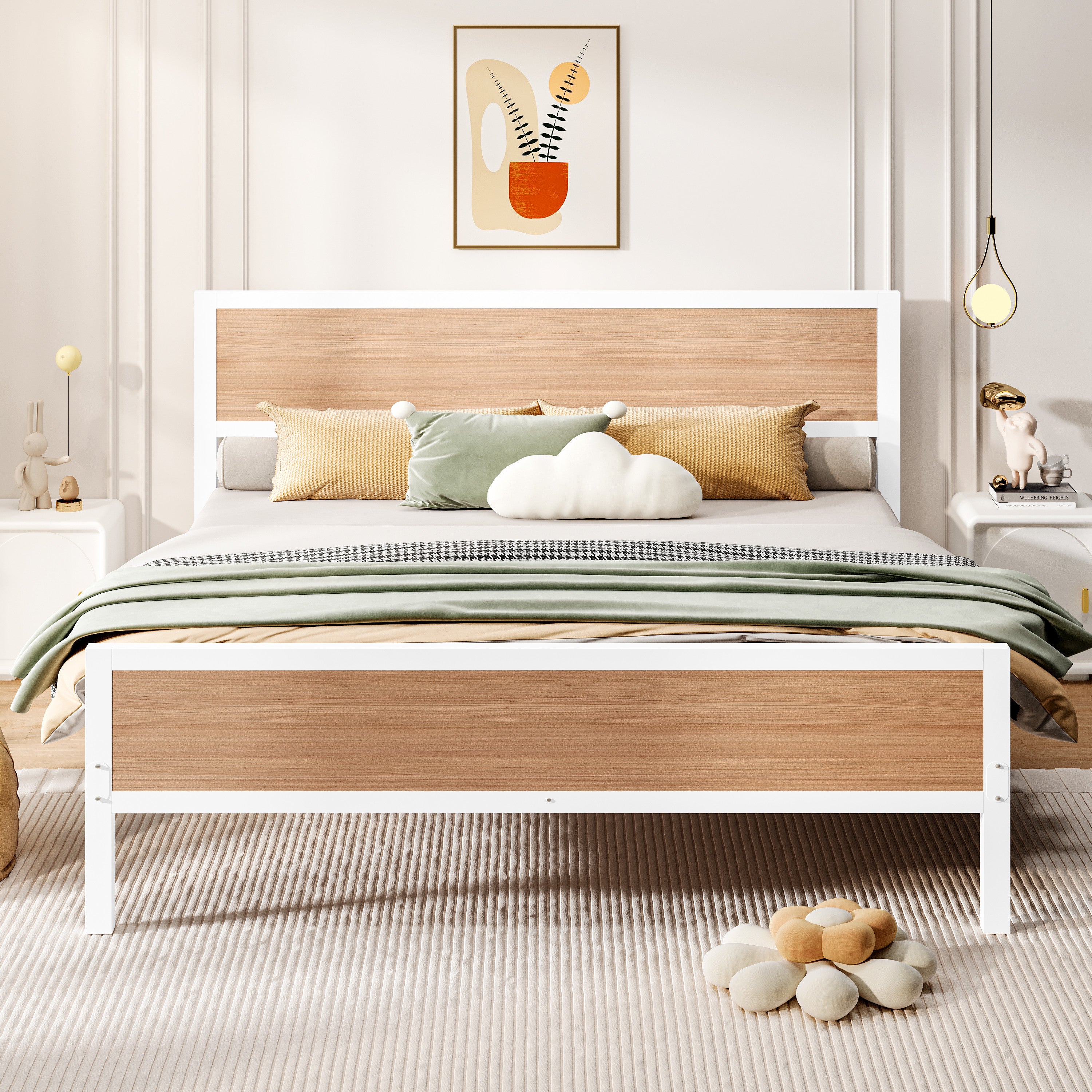 PAPROOS Full Platform Bed Frame with Headboard and Footboard, Metal Full Size Bed Frame with Underbed Storage and Strong Slat Support, Bedroom Furniture, No Box Spring Needed, White