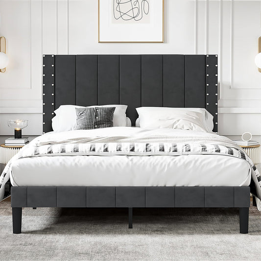 PAPROOS Full Platform Bed Frame, Upholstered Bed Frame Full Size with Vertical Channel and Rivet Decor Headboard, No Box Spring Needed, Easy Assembly, Dark Gray