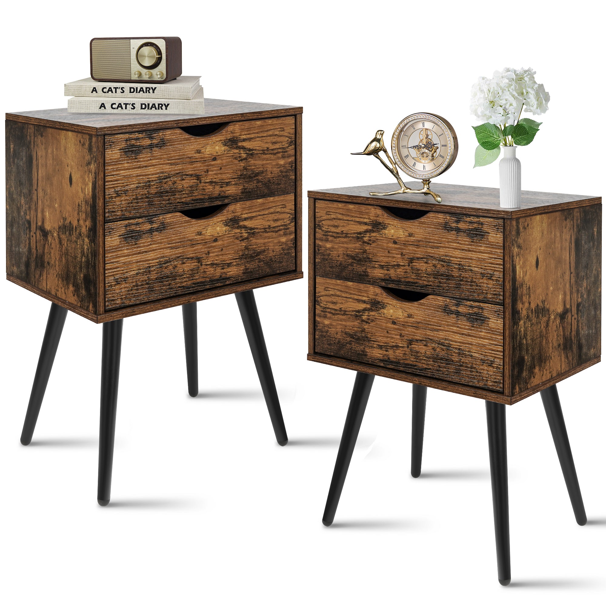 Nightstands Set of 2, Bedroom Bedside Table with 2 Drawers Storage, Country Style Night End Table with Large Storage Space, Suitable for Living Room Bedroom, Rustic Brown