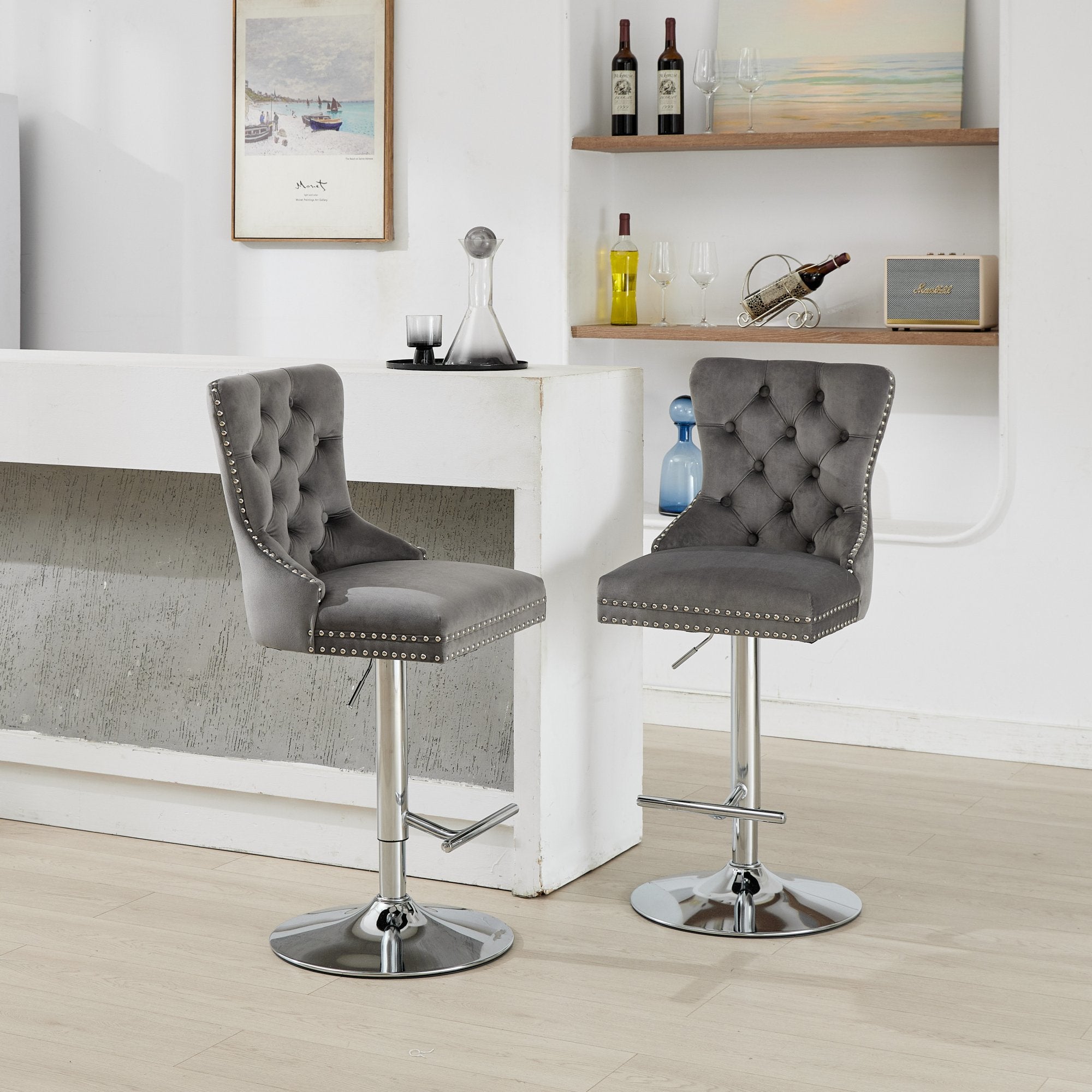 Paproos Bar Stools Set of 2, Adjustable Swivel Bar Stools, Velvet Upholstered Dining Chair Set with Button Tufted & Nailheads Trim, Bar Height Stool with Back & Footrest, Beige & Gold