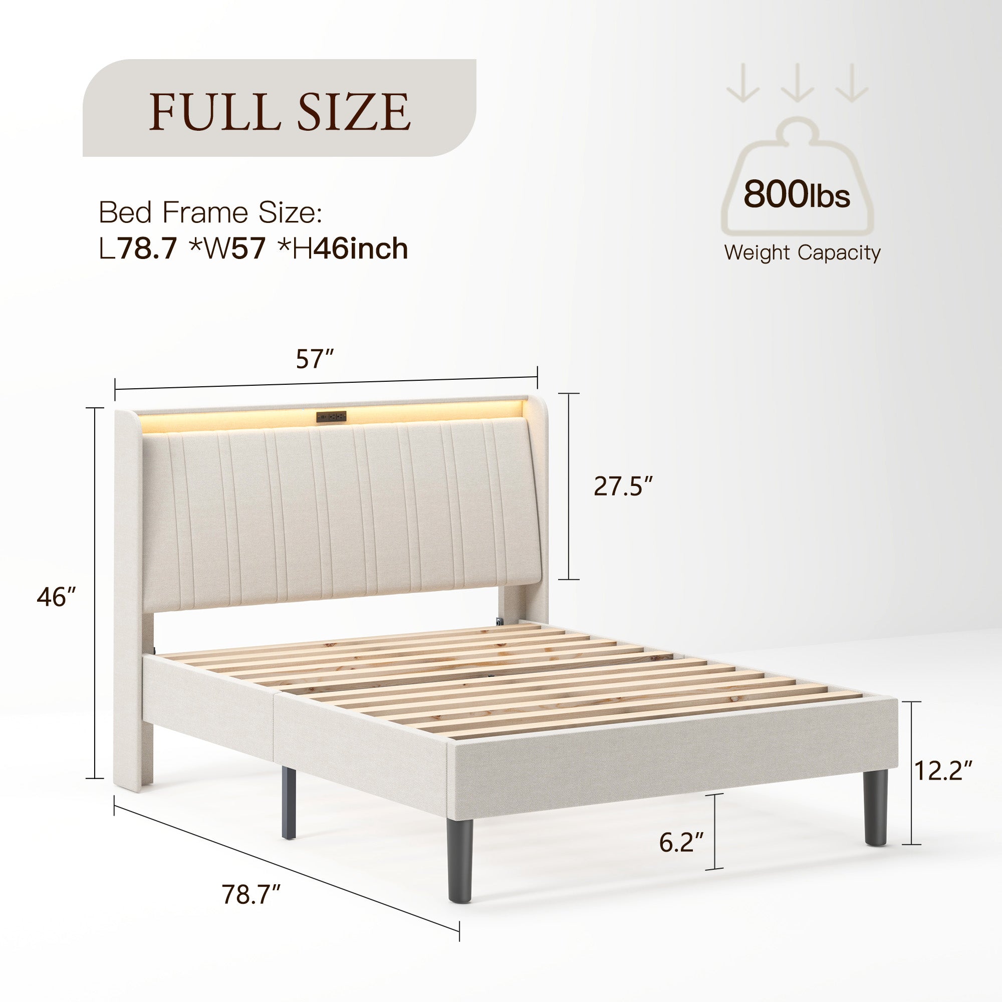 PAPROOS Full Bed Frame, Full Bed with Charging Station and LED Light, Velvet Upholstered Headboard, Metal Platform Bed with Wooden Slats, No Box Spring Needed