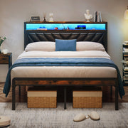 PAPROOS Full Size LED Bed Frame with Charging Station, PU Leather Upholstered Bed, Metal Platform Bed with Soft Cushioned Headboard for Adults Teens, Brown