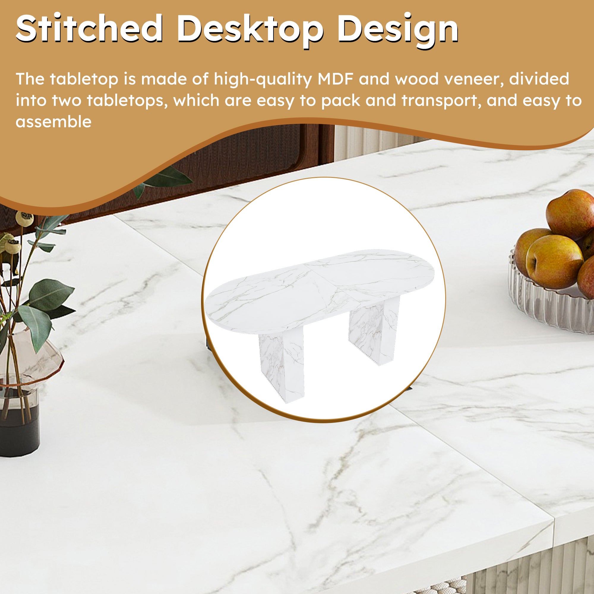 63inch Oval Dining Table for 4-6, Paproos Kitchen Table with Marble-Color Wood Waterproof Tabletop, Wooden Strip Base, Wood Dining Room Table for Office Dining Living Room, White(Only Table)