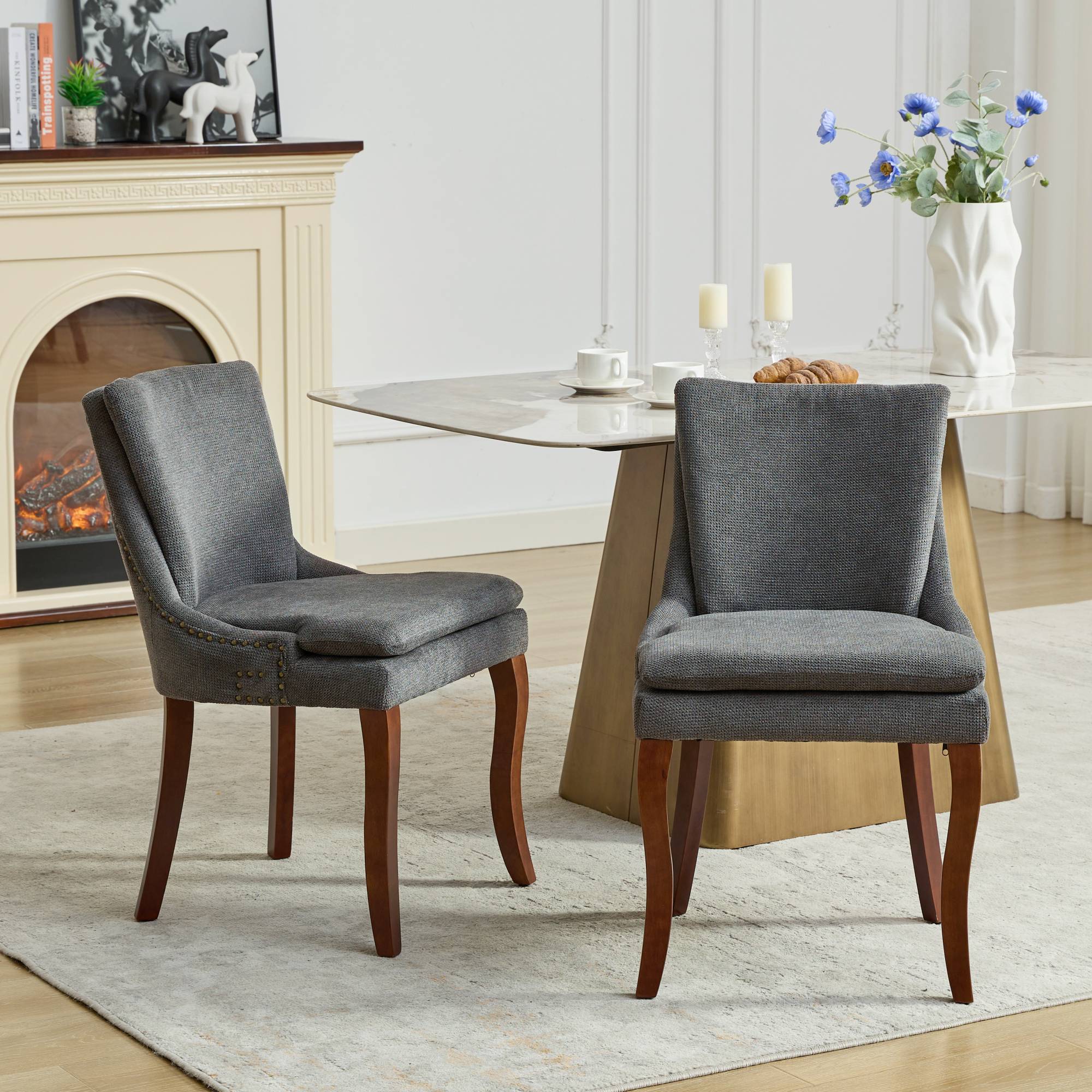 Dining Chairs Set of 2, Paproos Chenille Upholstered Dining Chairs, Modern Accent Chair with Nailhead Trim, Side Chair with Backrest and Wooden Curved Legs for Kitchen Dining Living Room