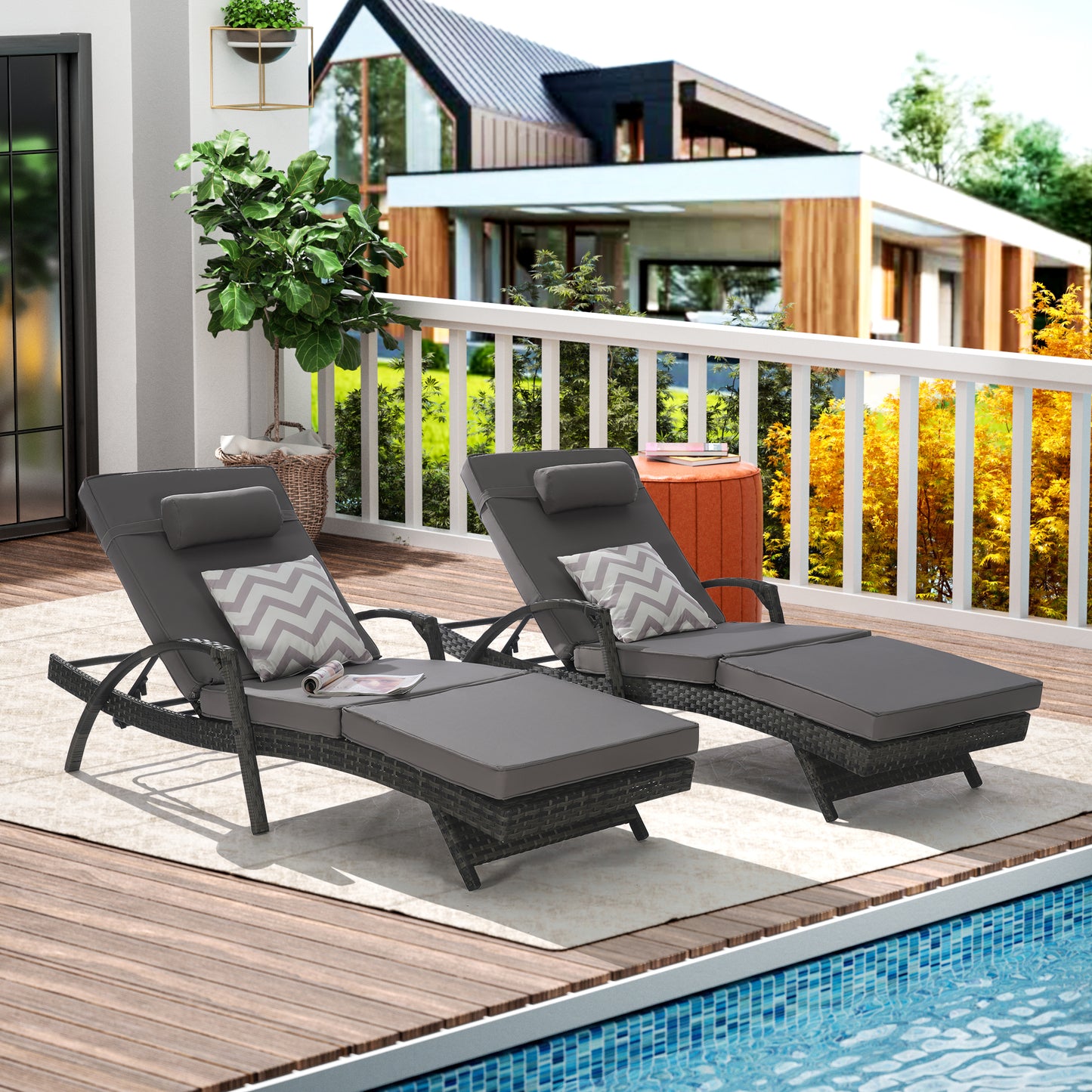 Outdoor Chaise Lounge Chair Set of 2, Rattan Patio Chaise Lounge Chair with Cushion and Arms, Modern 5-Positions Adjustable Outdoor Lounger Recliner for Poolside, Garden, Backyard, Light Gray